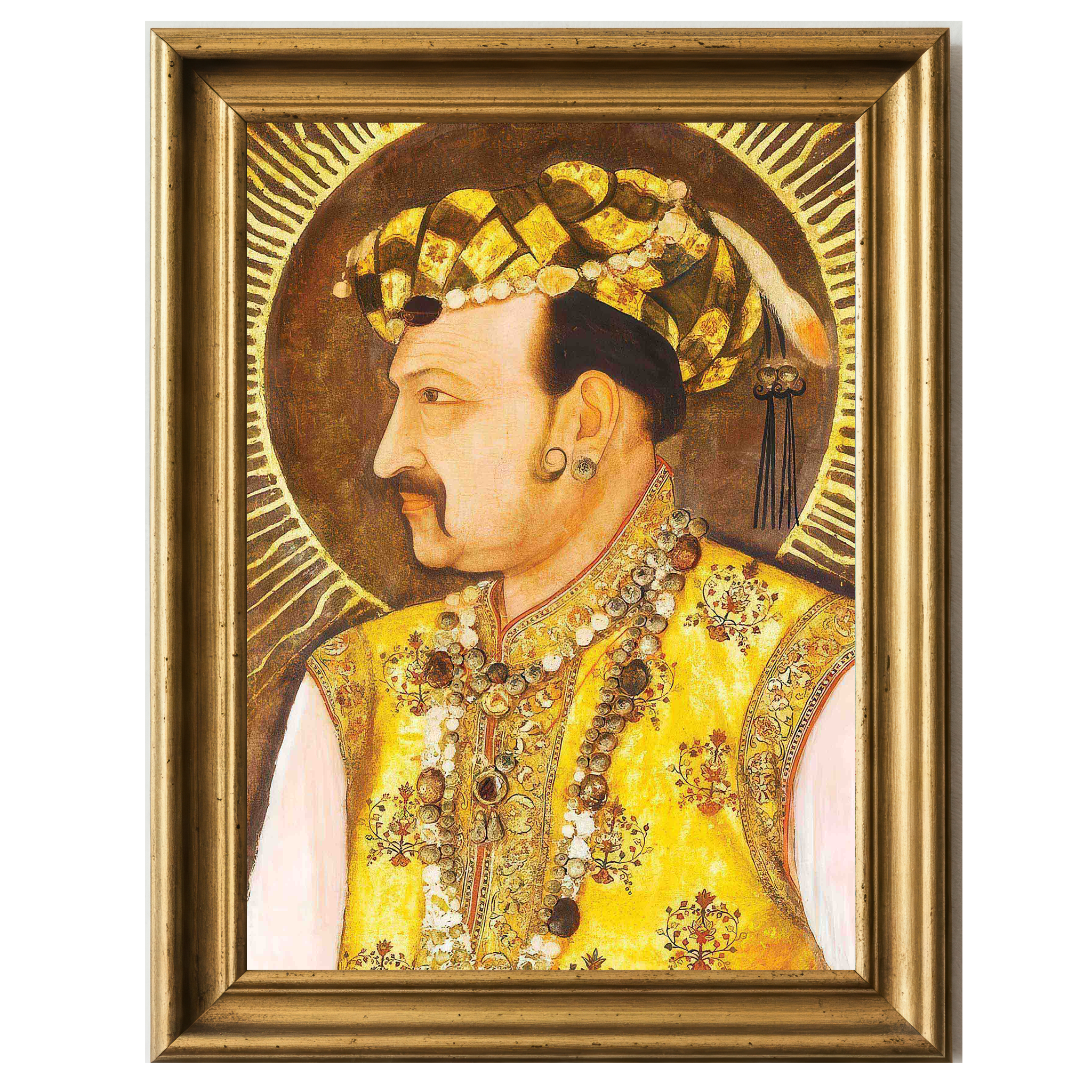 Painting of Emperor Jahangir in profile, wearing golden attire and bejeweled turban with radiant halo