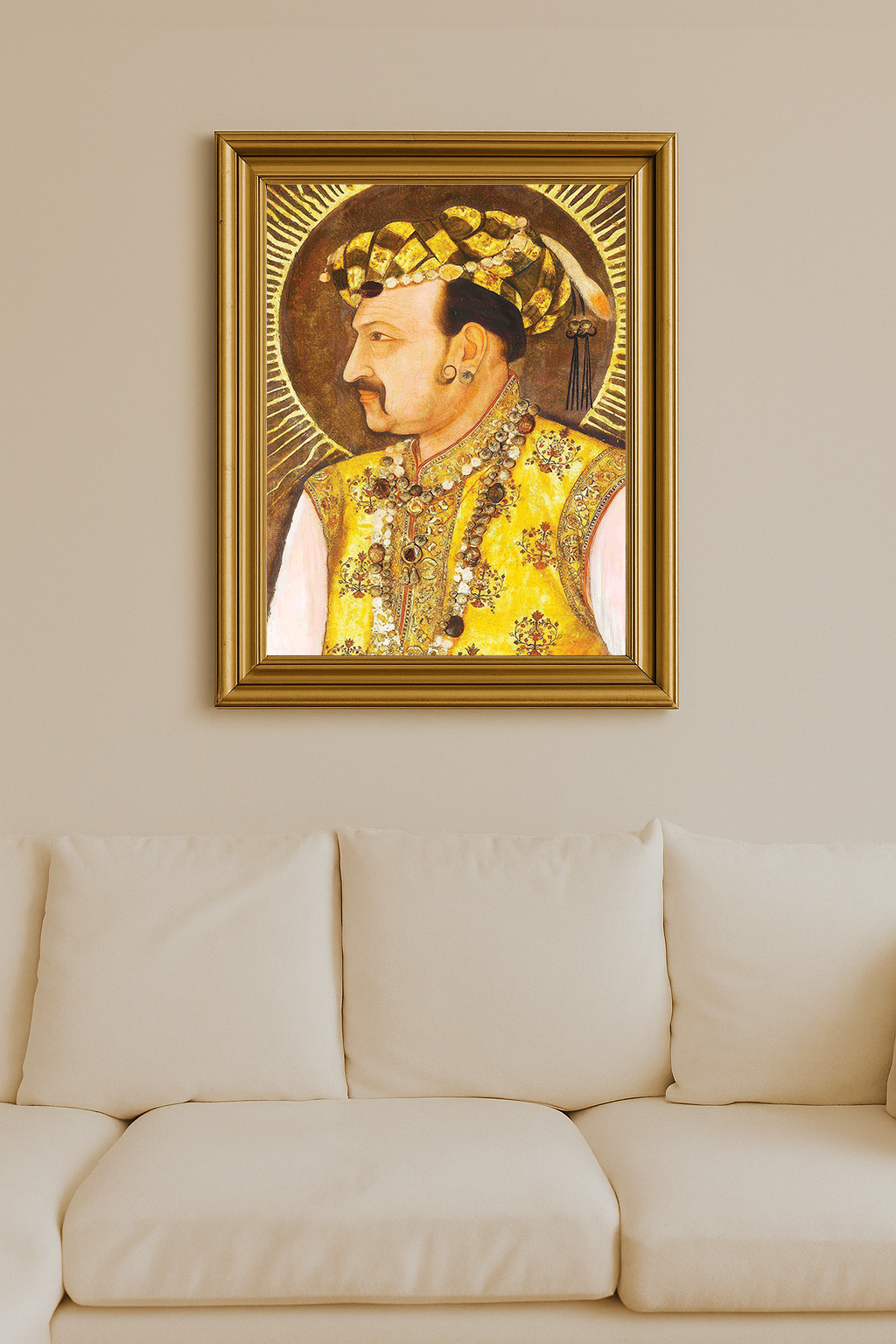 Painting of Emperor Jahangir in profile, wearing golden attire and bejeweled turban with radiant halo