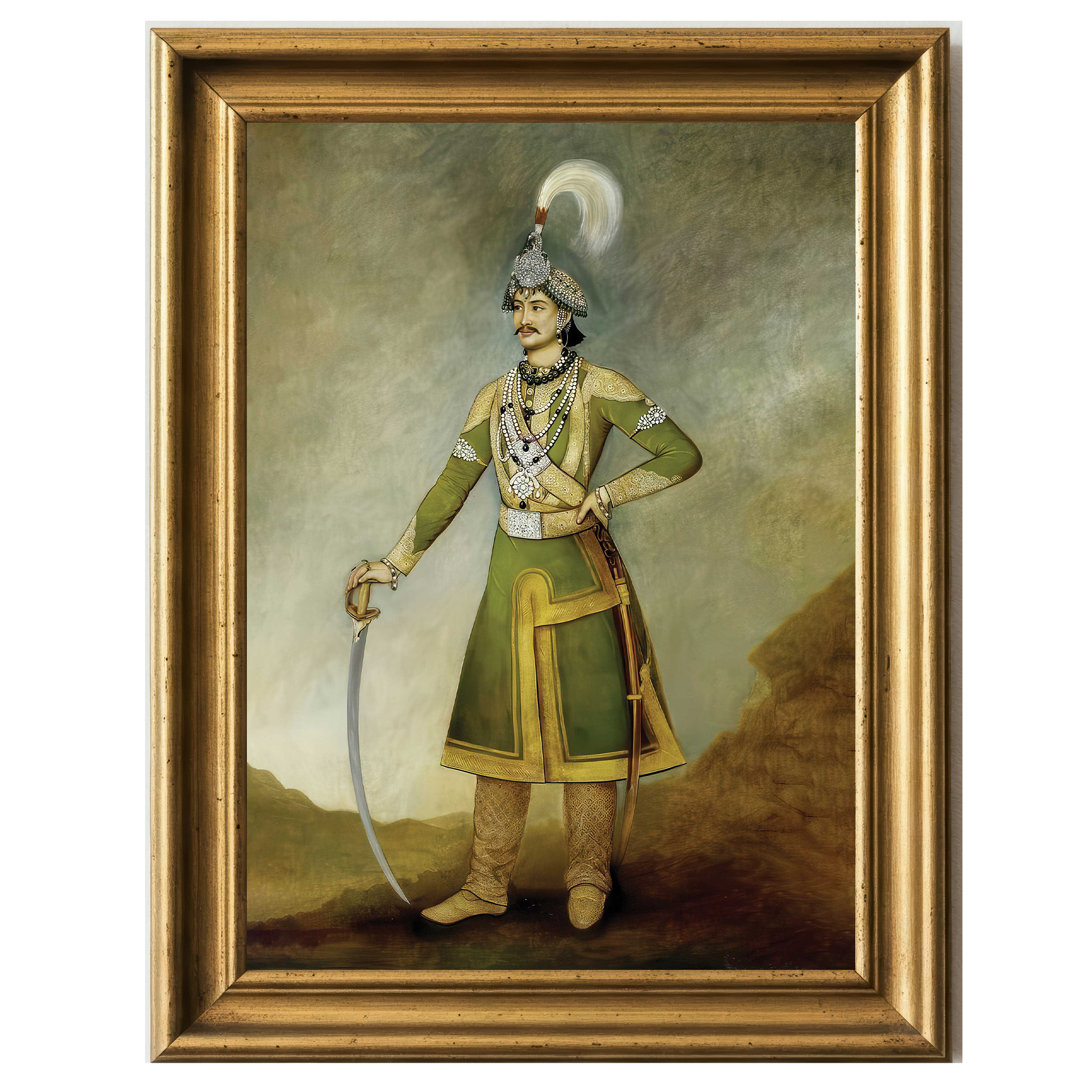 Portrait of Jang Bahadur Rana in green and gold attire with sword, painted by Bhajuman Chitrakar, 1849.