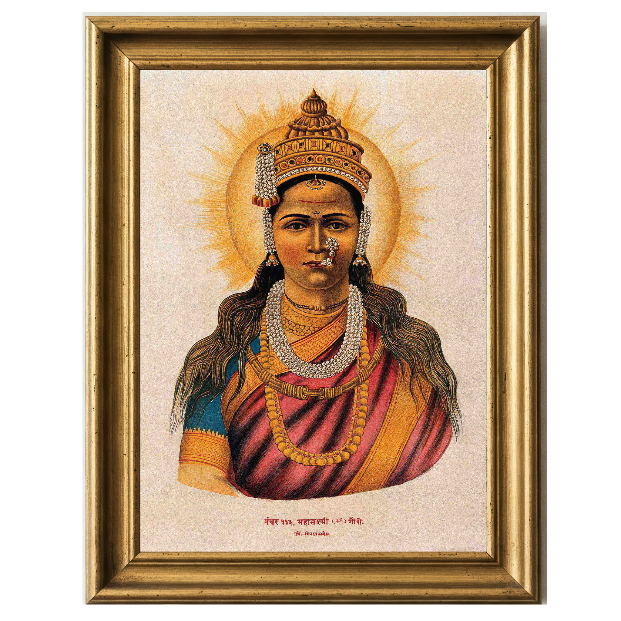Painting of Goddess Lakshmi adorned in jewelry with radiant halo and traditional attire