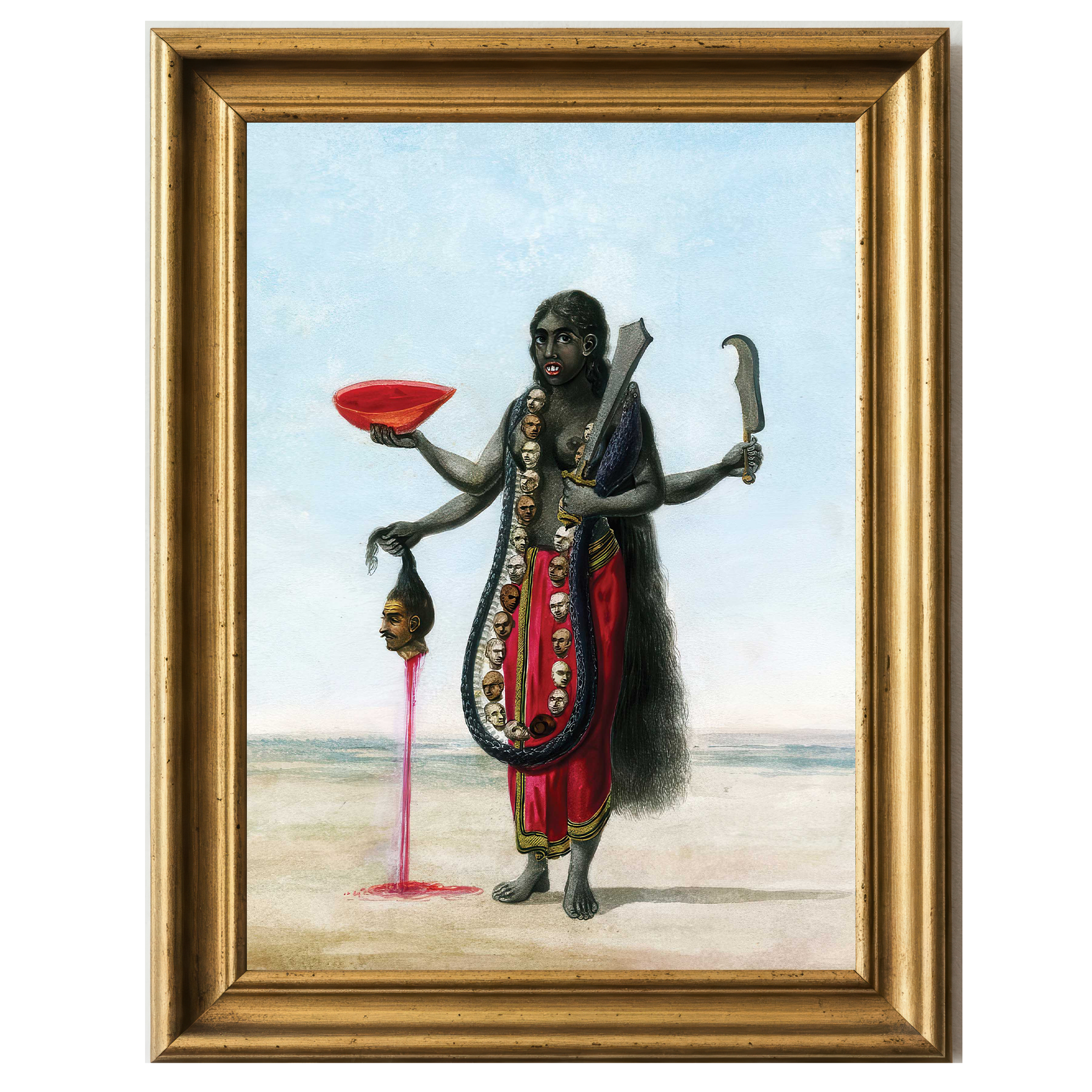 Kalaratri holding a severed head, red bowl, weapons, and wearing a garland of heads