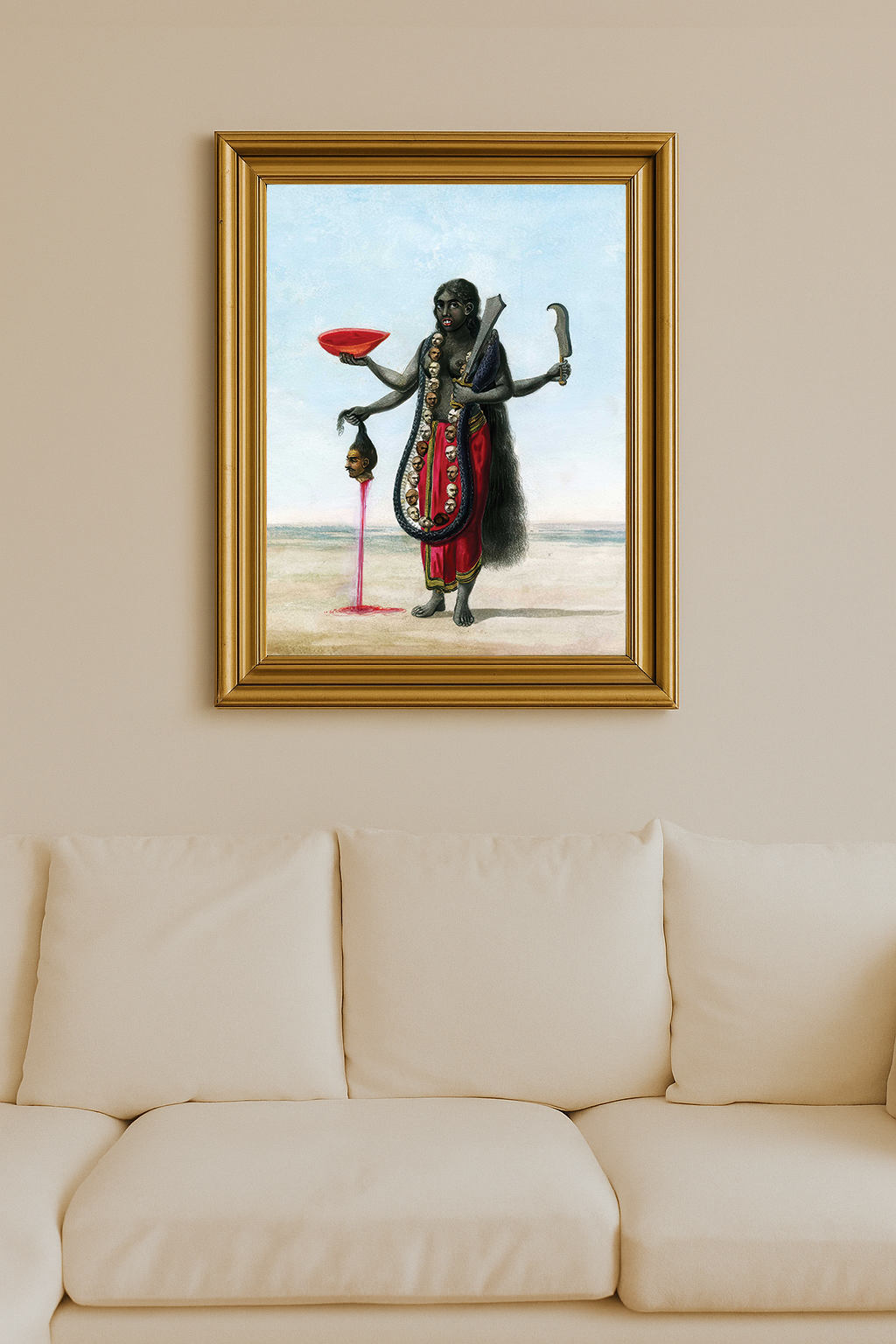 Kalaratri holding a severed head, red bowl, weapons, and wearing a garland of heads