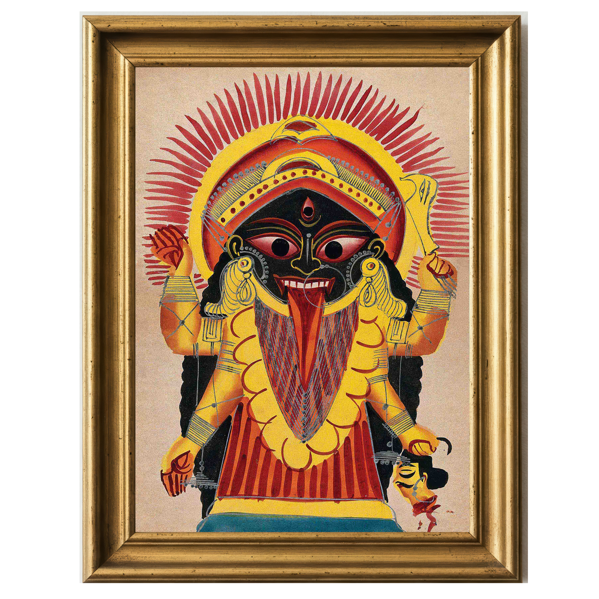 A colorful image of the goddess Kali with a radiant halo, holding a demon's head and divine weapons.