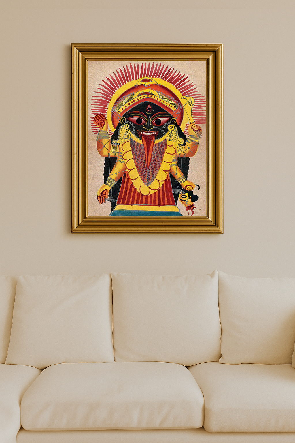 A colorful image of the goddess Kali with a radiant halo, holding a demon's head and divine weapons.