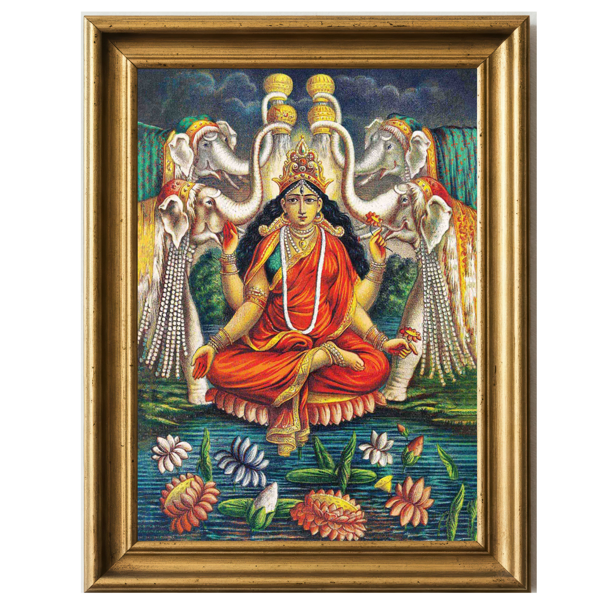 Kamala Bhairavi seated on a lotus with elephants, red attire, and floral offerings