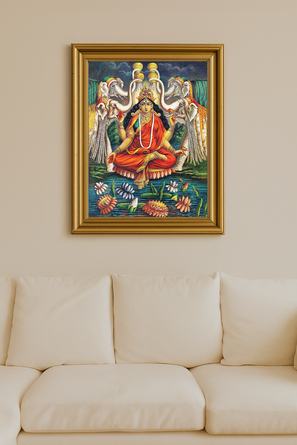 Kamala Bhairavi seated on a lotus with elephants, red attire, and floral offerings