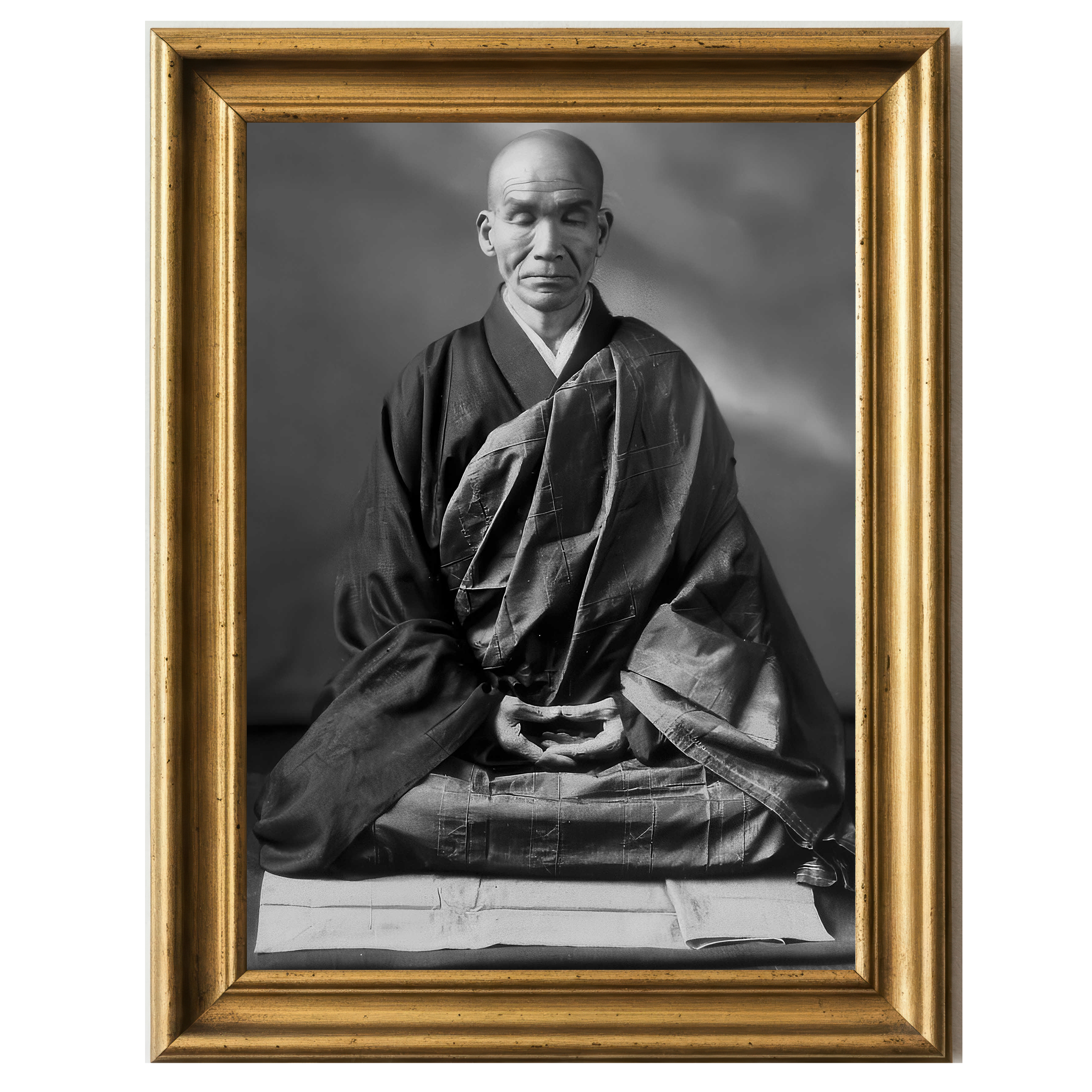 Zen master Kodo Sawaki sitting in zazen posture, wearing traditional robes