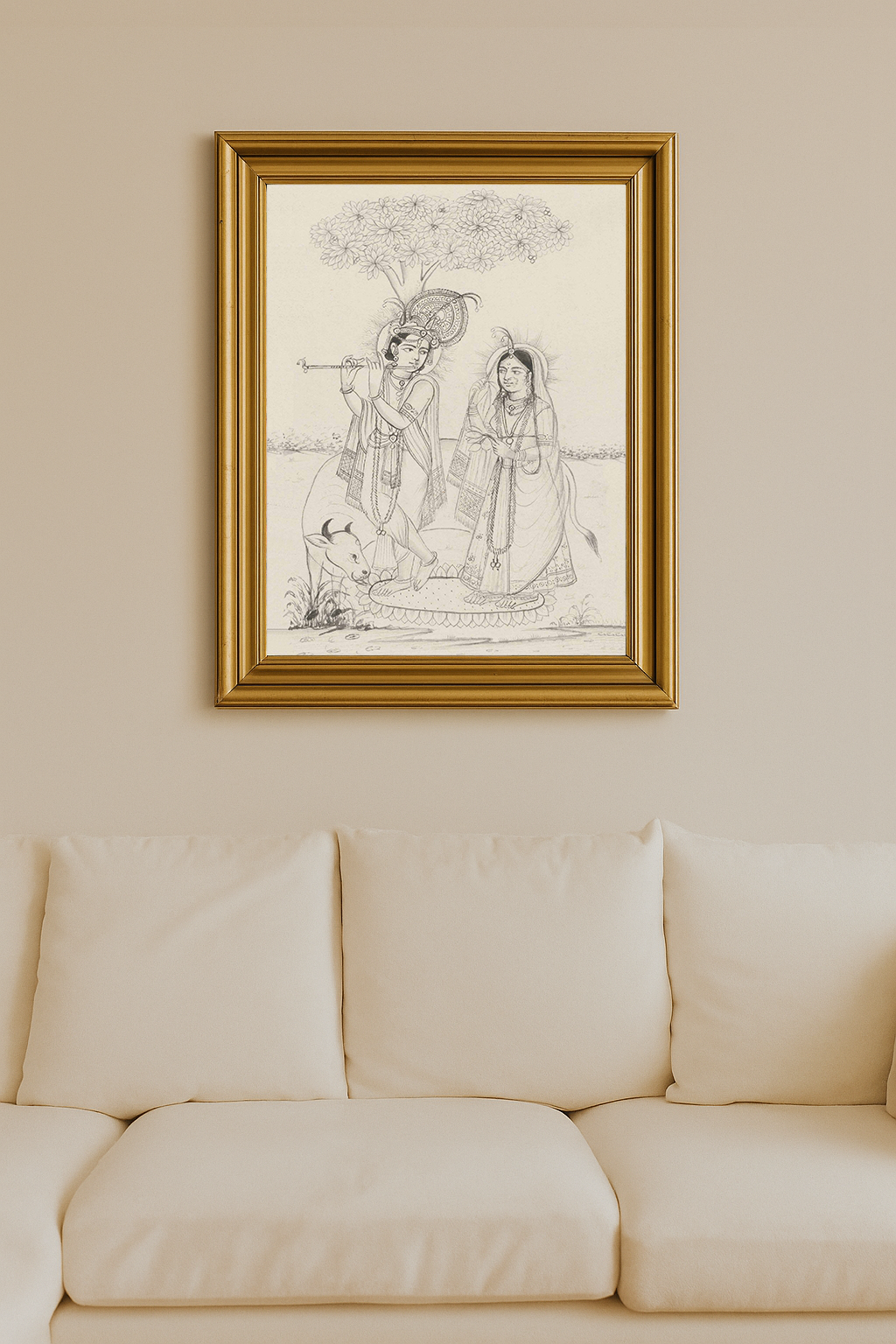 Sketch of Krishna and Radha under a tree, Krishna playing flute while Radha listens