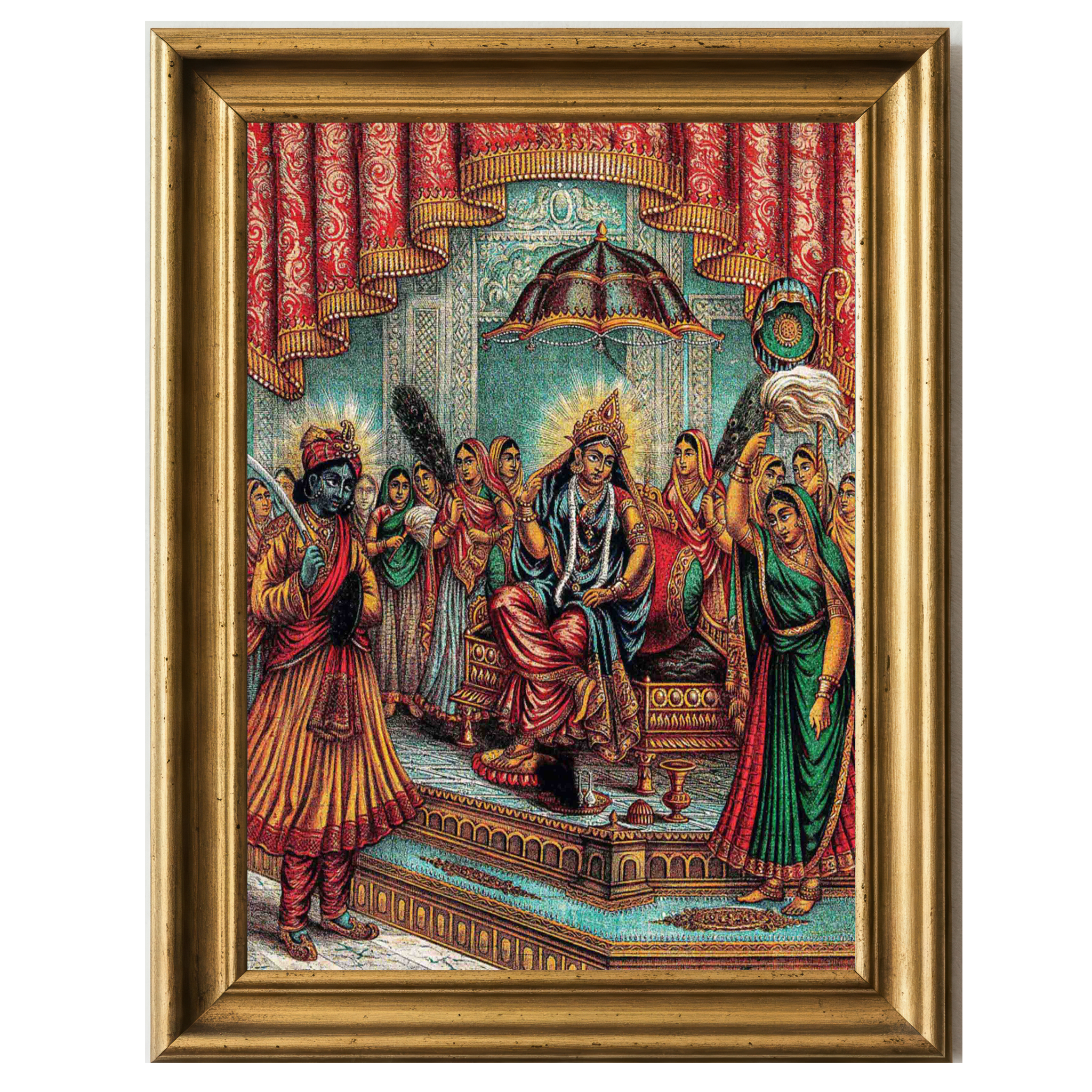 Painting of Krishna standing before Radha seated on a throne, surrounded by women