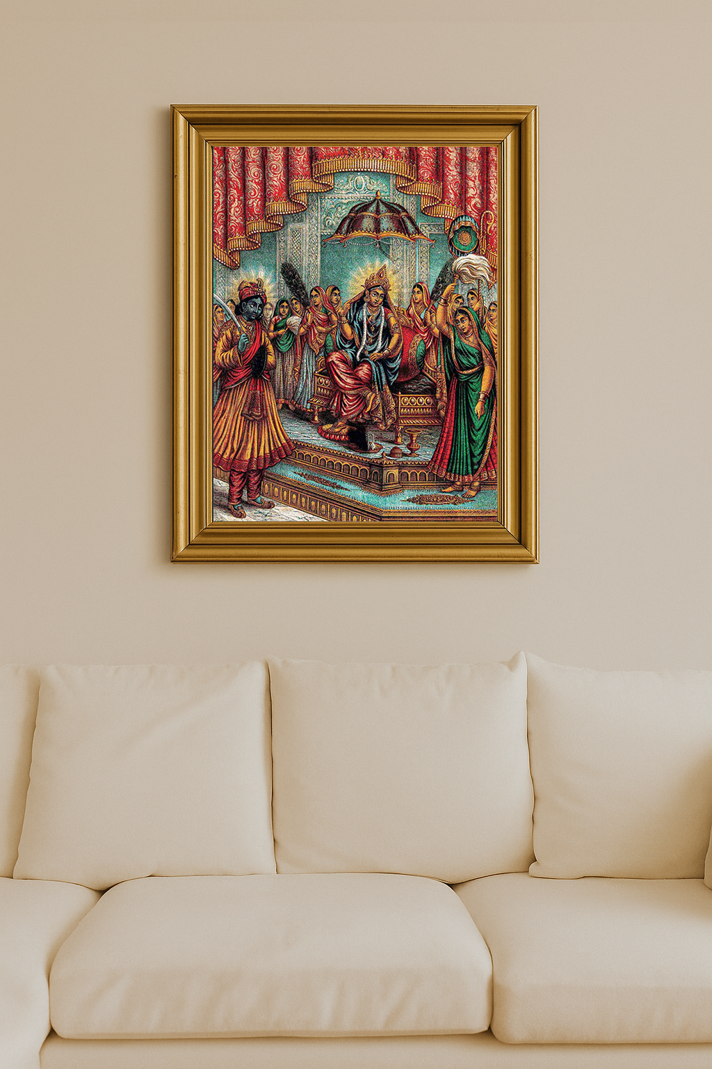 Painting of Krishna standing before Radha seated on a throne, surrounded by women