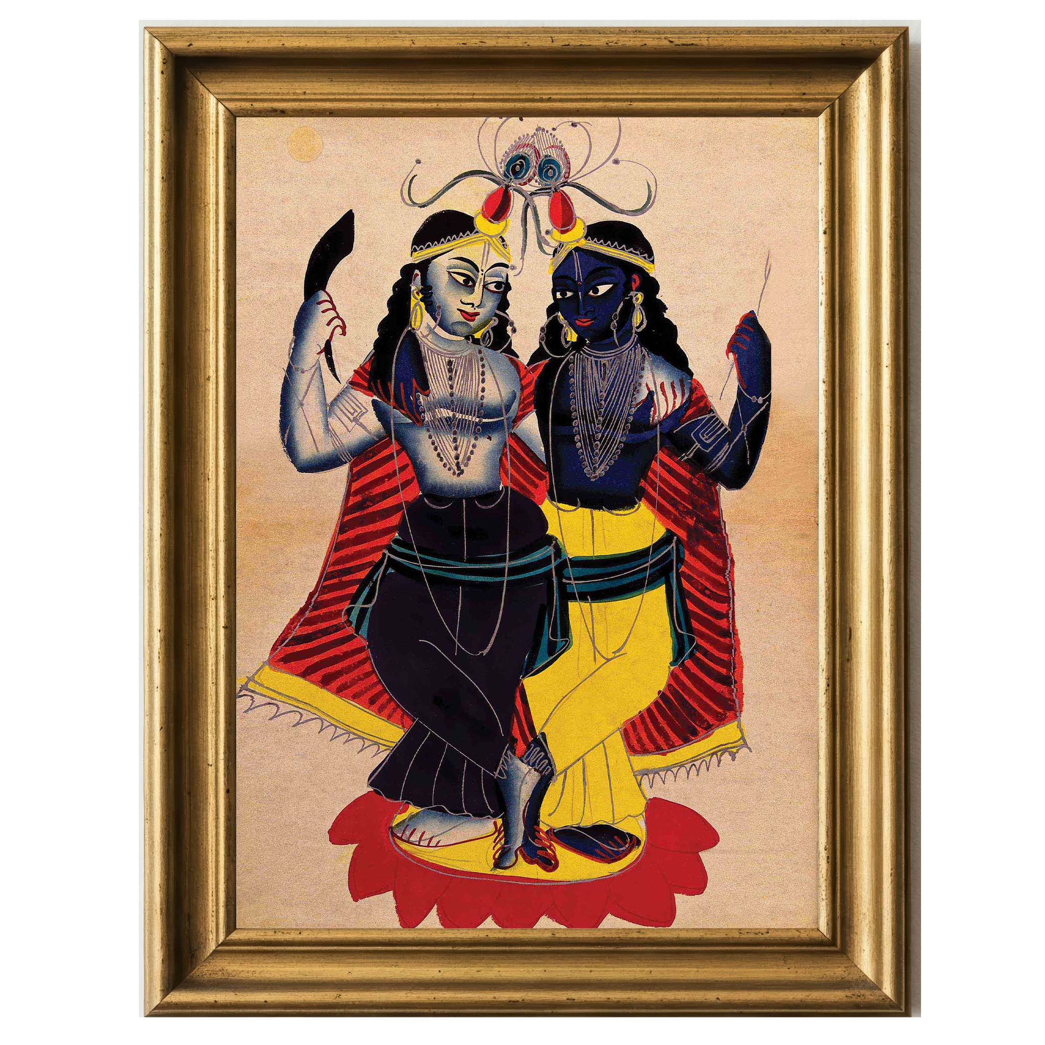 Krishna and Radha standing together on a lotus, adorned in traditional attire with red and blue tones