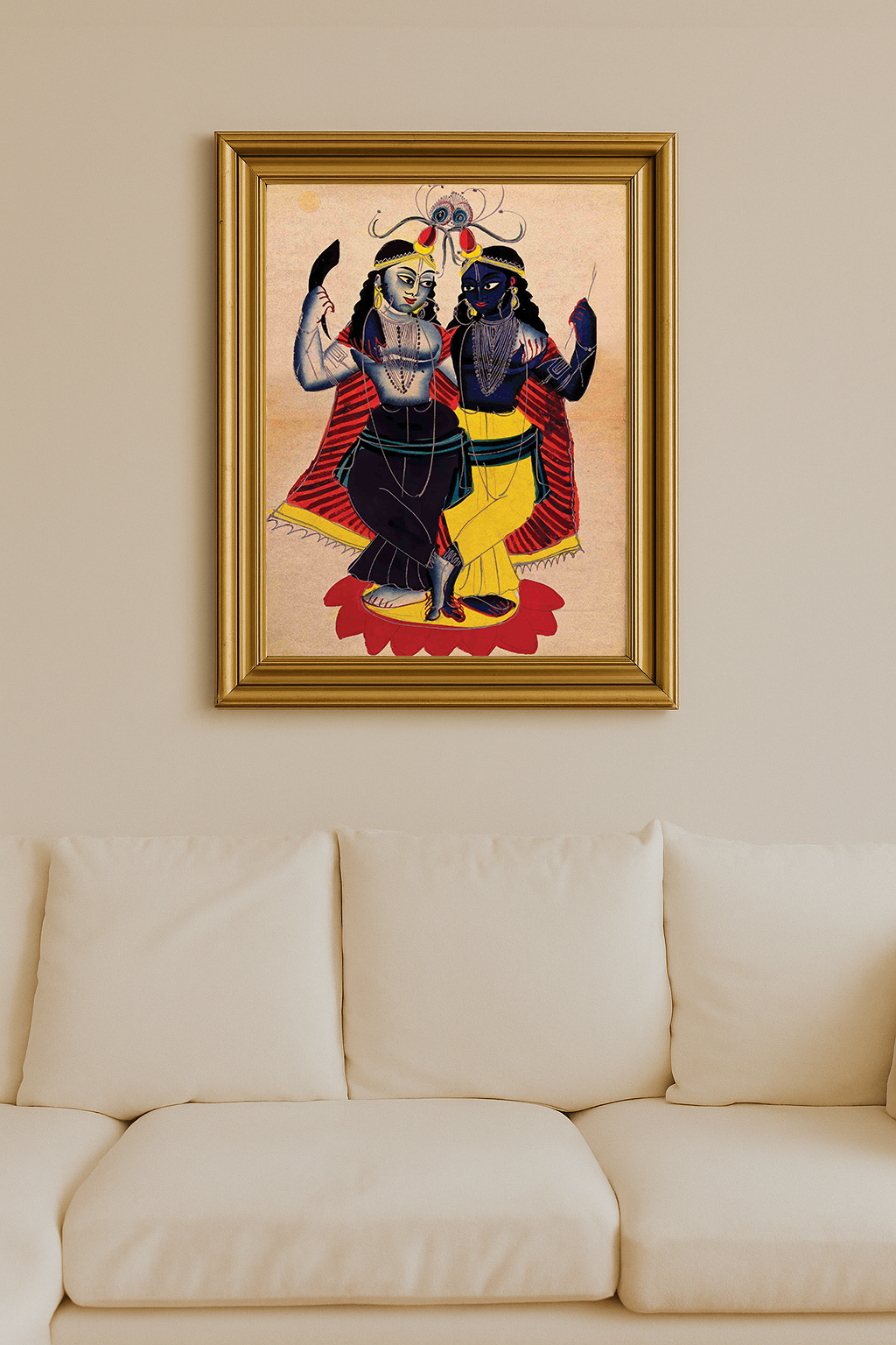 Krishna and Radha standing together on a lotus, adorned in traditional attire with red and blue tones