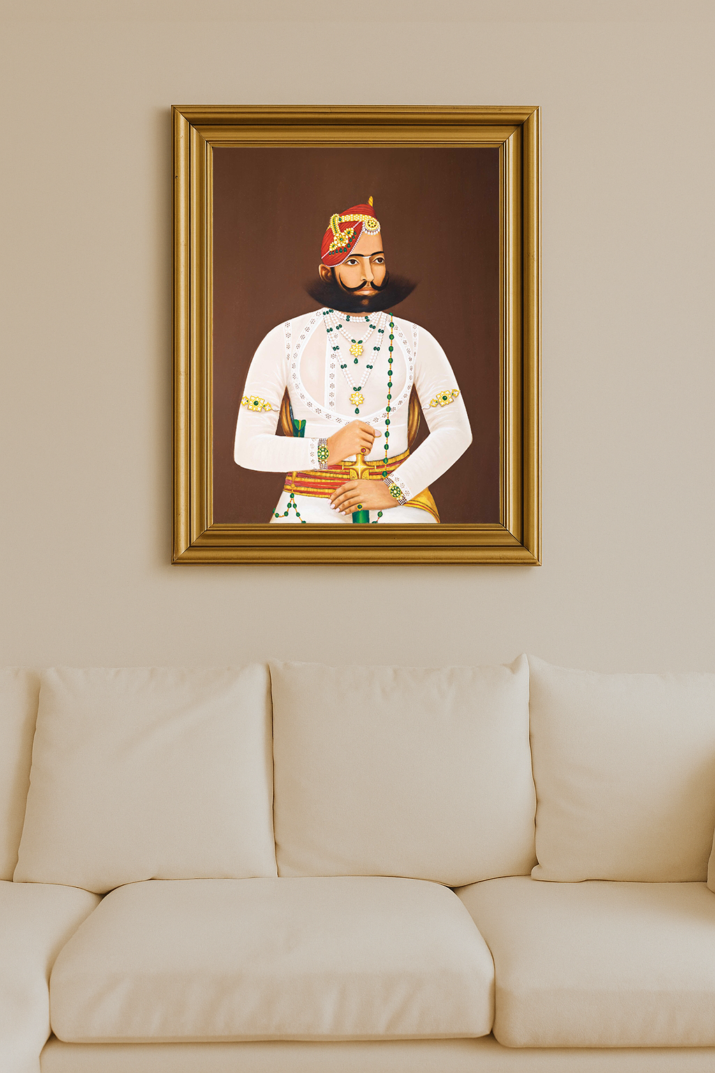 Portrait of Kunwar Sabal Singh wearing royal white attire with green and gold jewelry and a red turban