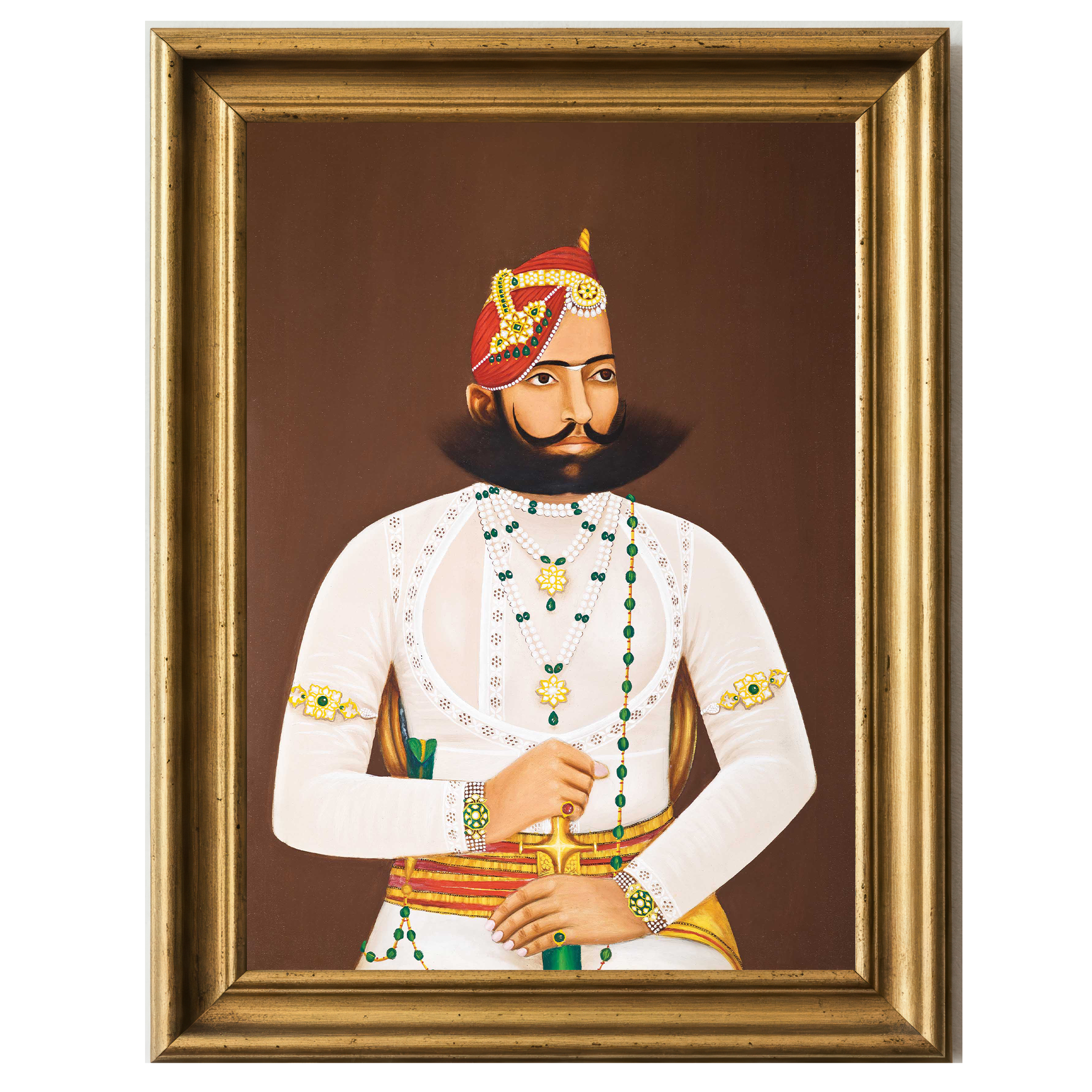 Portrait of Kunwar Sabal Singh wearing royal white attire with green and gold jewelry and a red turban