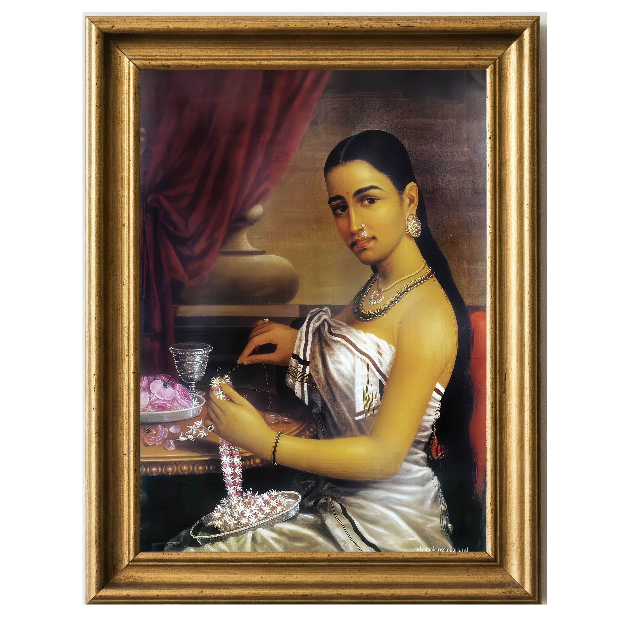 Lady stringing jasmine flowers with serene expression in a classical setting