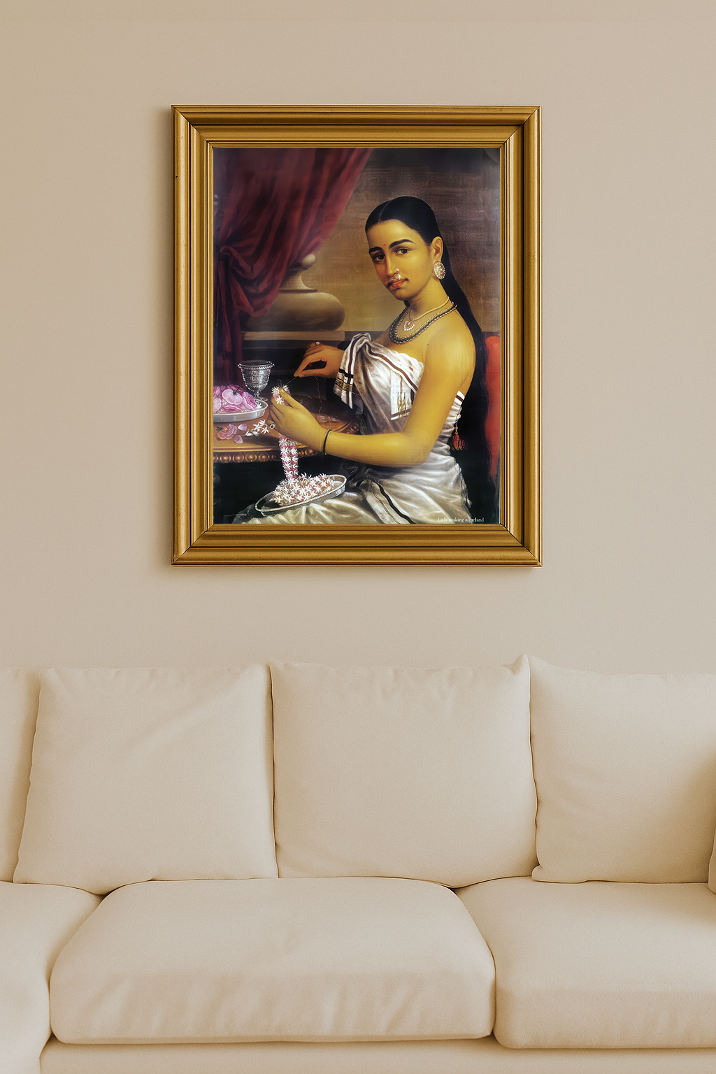 Lady stringing jasmine flowers with serene expression in a classical setting