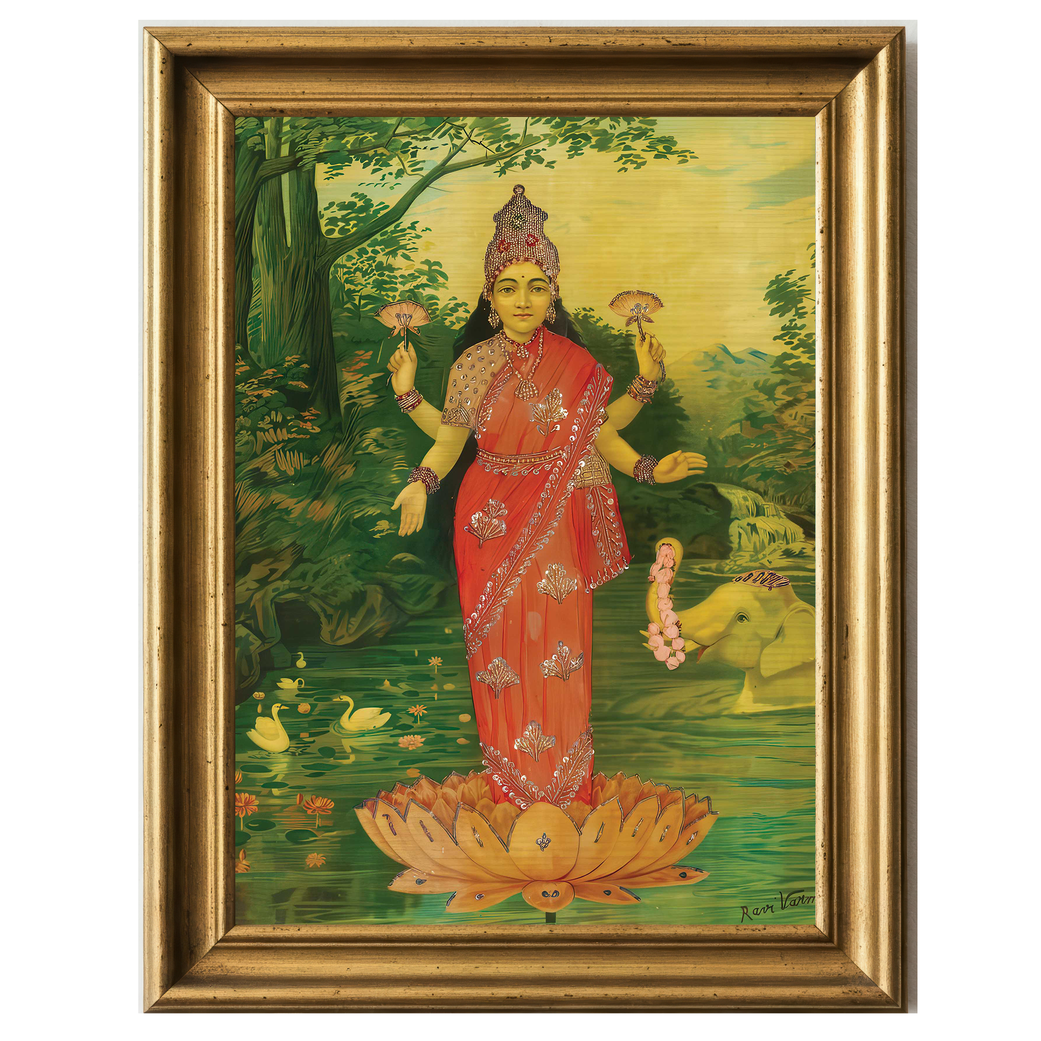 Lakshmi in embellished red sari standing on lotus with elephant offering garland
