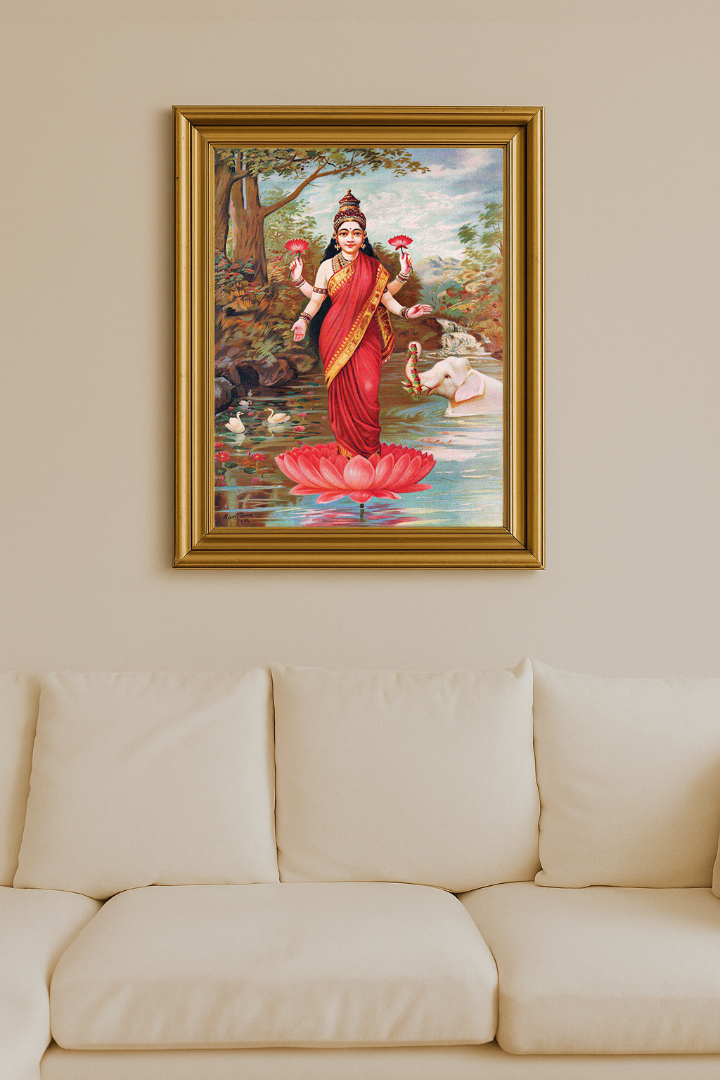 Lakshmi standing on a lotus in a river, holding lotuses, surrounded by elephants