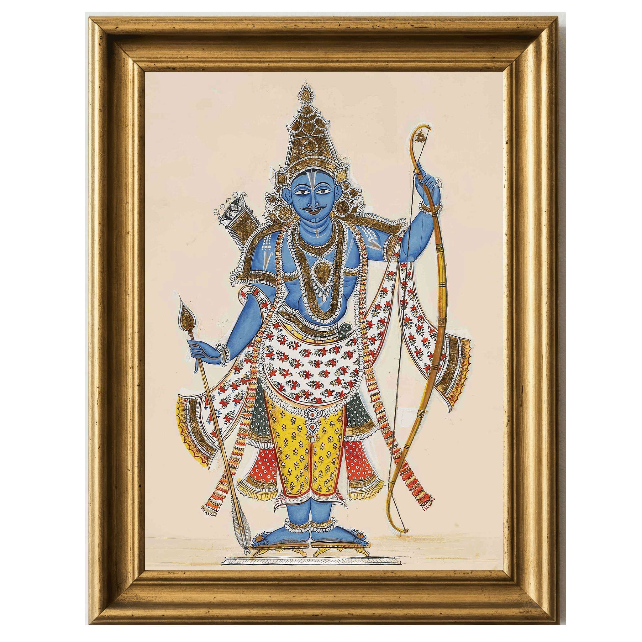 Blue-skinned deity Lord Rama holding a bow and arrow with divine ornaments and serene expression