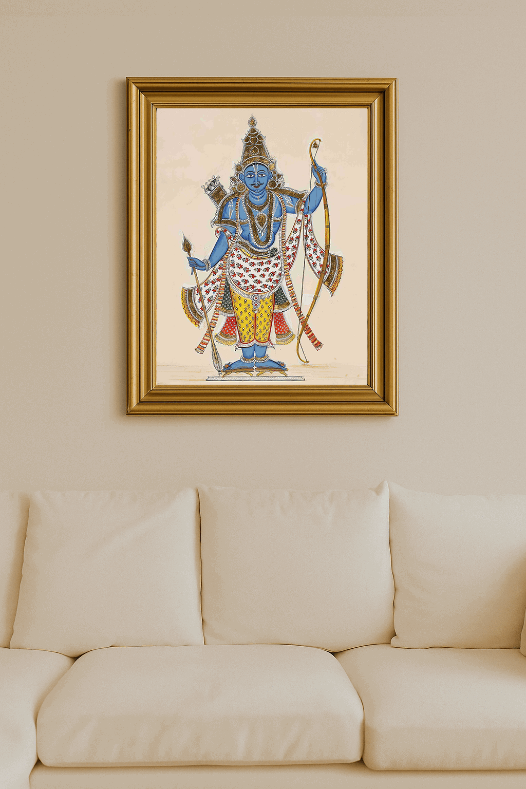 Blue-skinned deity Lord Rama holding a bow and arrow with divine ornaments and serene expression