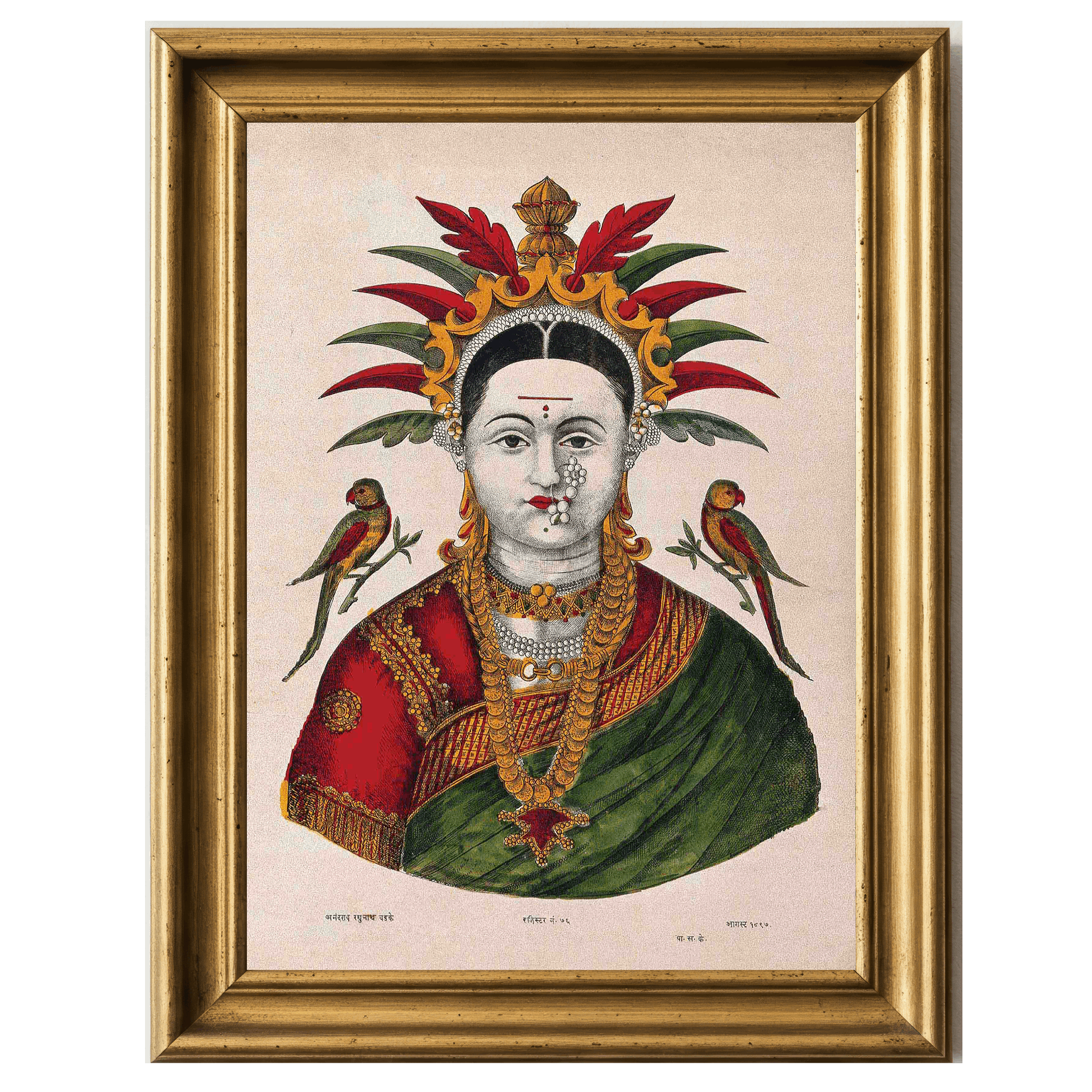 Mahalakshmi with parrots, wearing traditional red and green attire and golden crown with leafy plumes