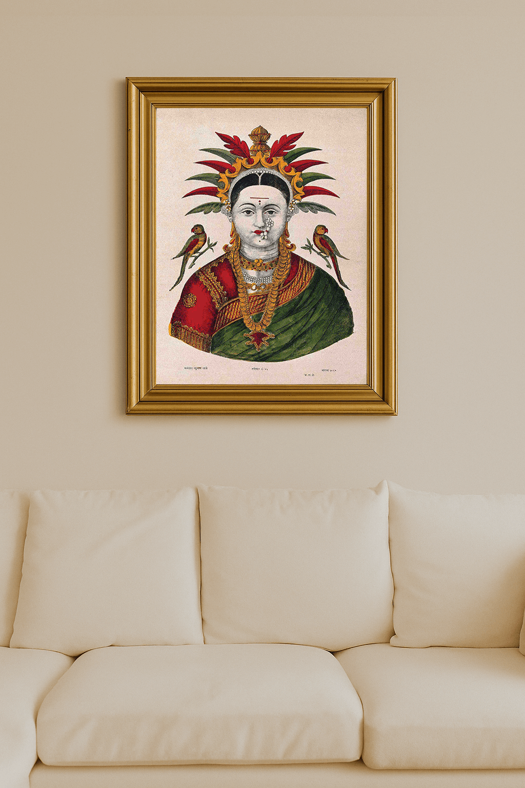 Mahalakshmi with parrots, wearing traditional red and green attire and golden crown with leafy plumes