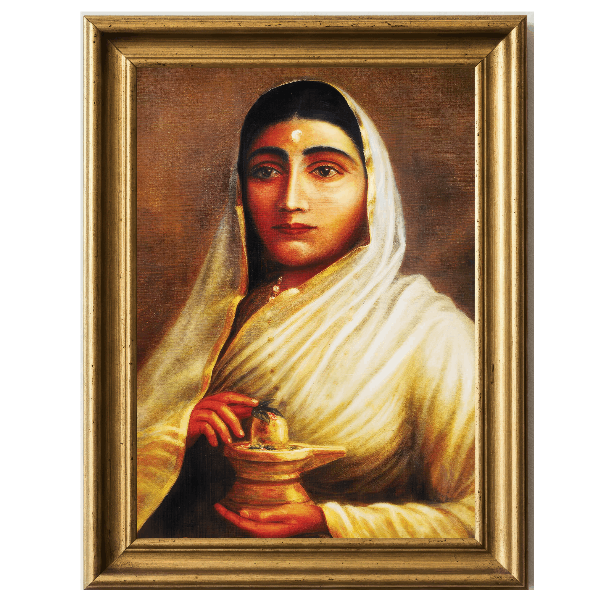 Maharani Ahilya Bai Holkar in white sari holding a Shiva lingam