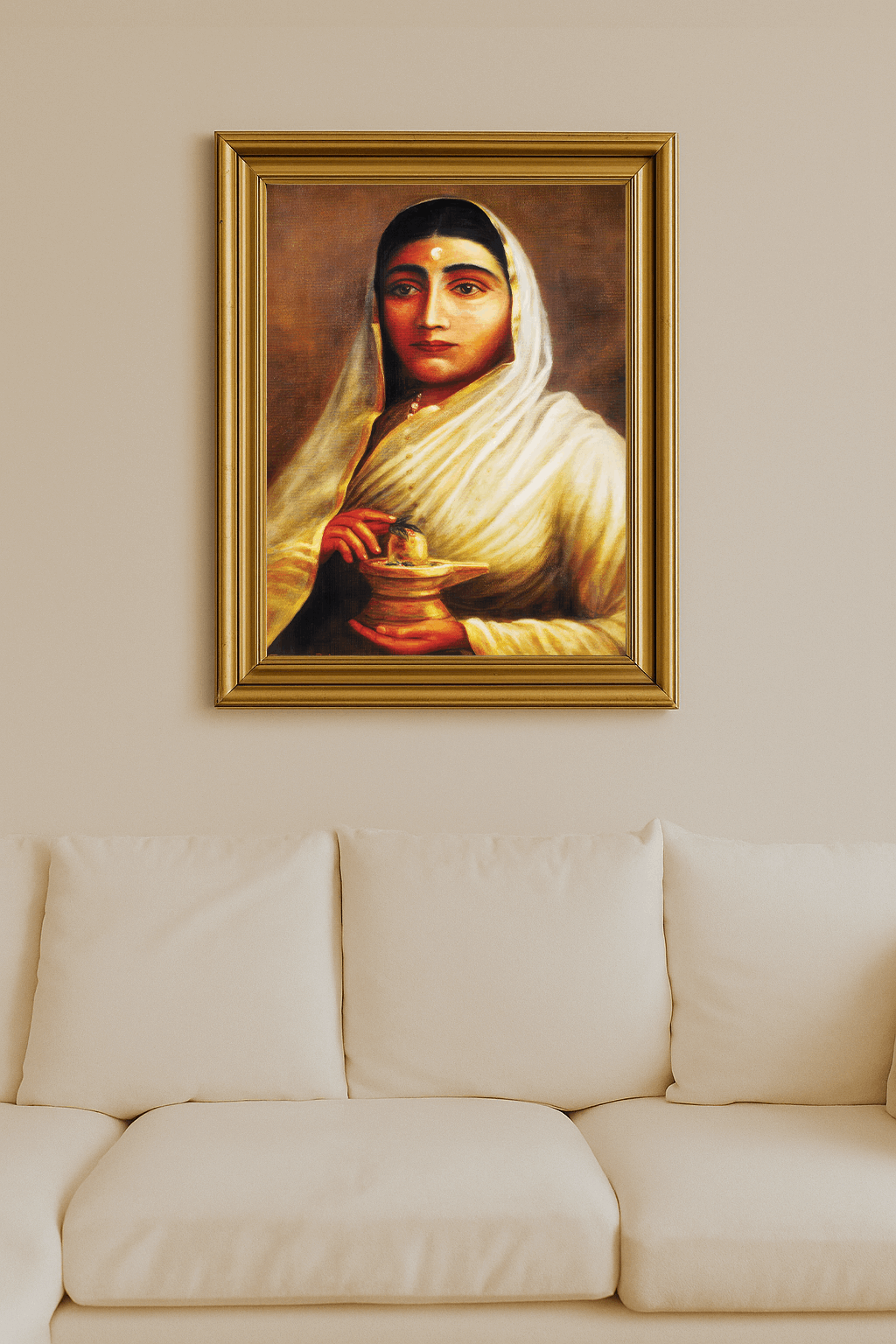 Maharani Ahilya Bai Holkar in white sari holding a Shiva lingam