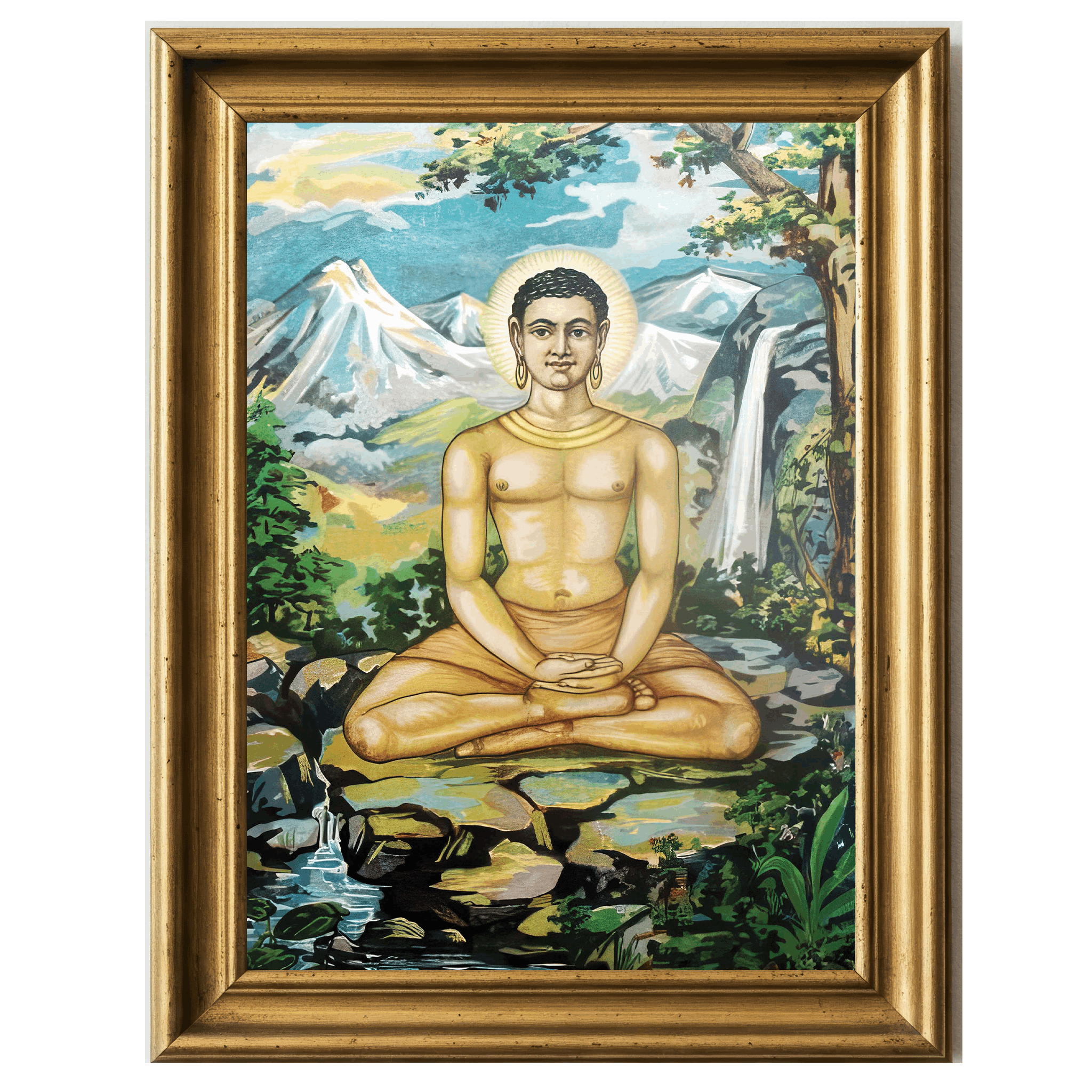 Mahatma Buddha seated on a rock with halo, mountains and waterfalls in the background