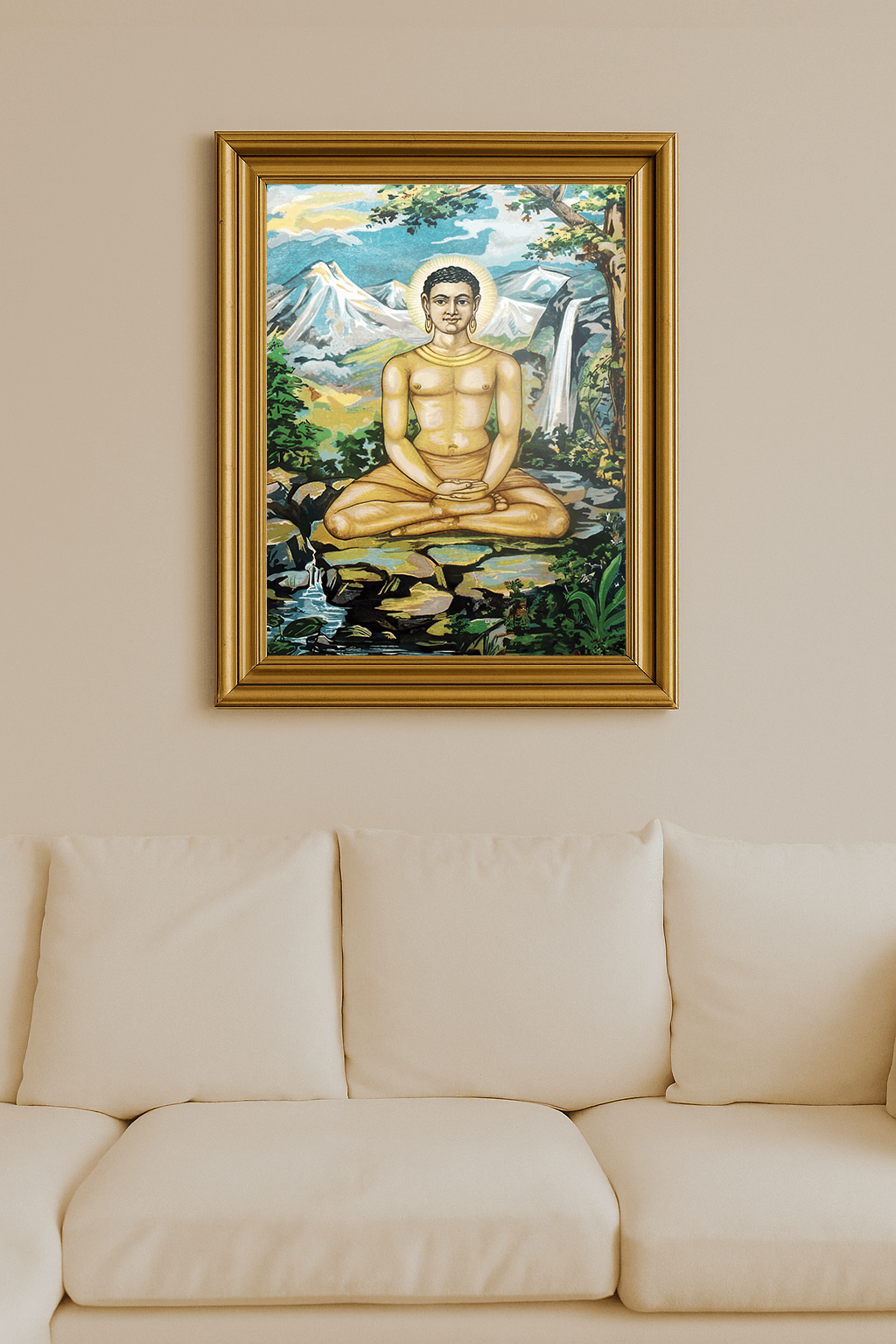 Mahatma Buddha seated on a rock with halo, mountains and waterfalls in the background