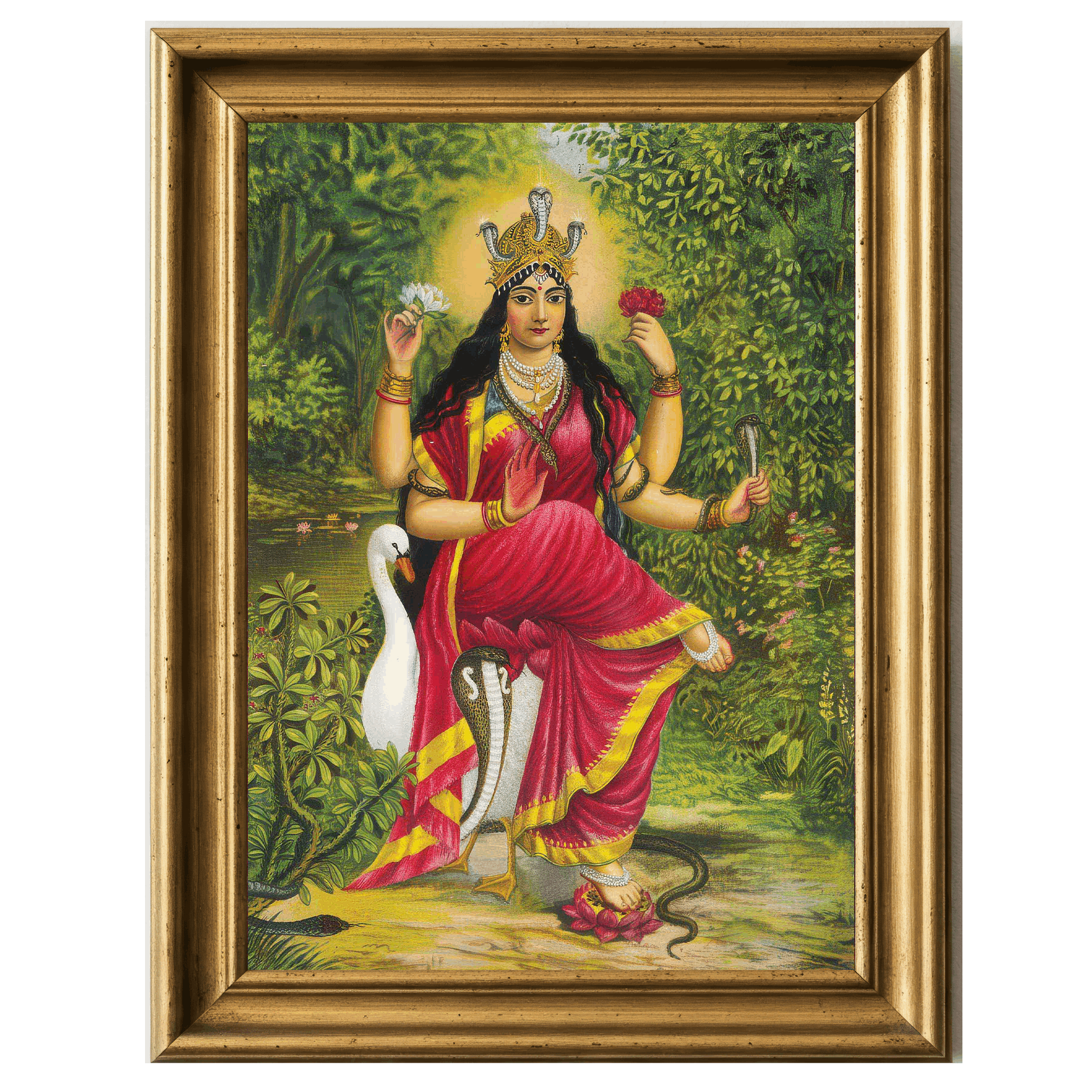 Illustration of Manasa Devi with cobra canopy, drawn in sacred traditional style