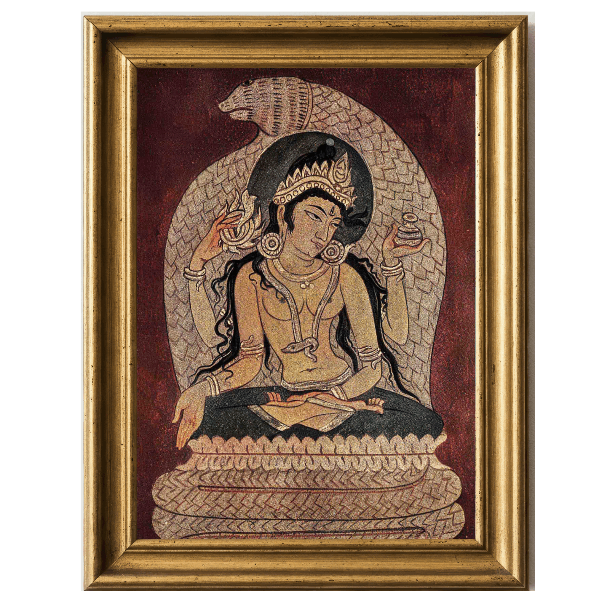 Painting of Manasa Devi with snakes and lotus, seated in a forest