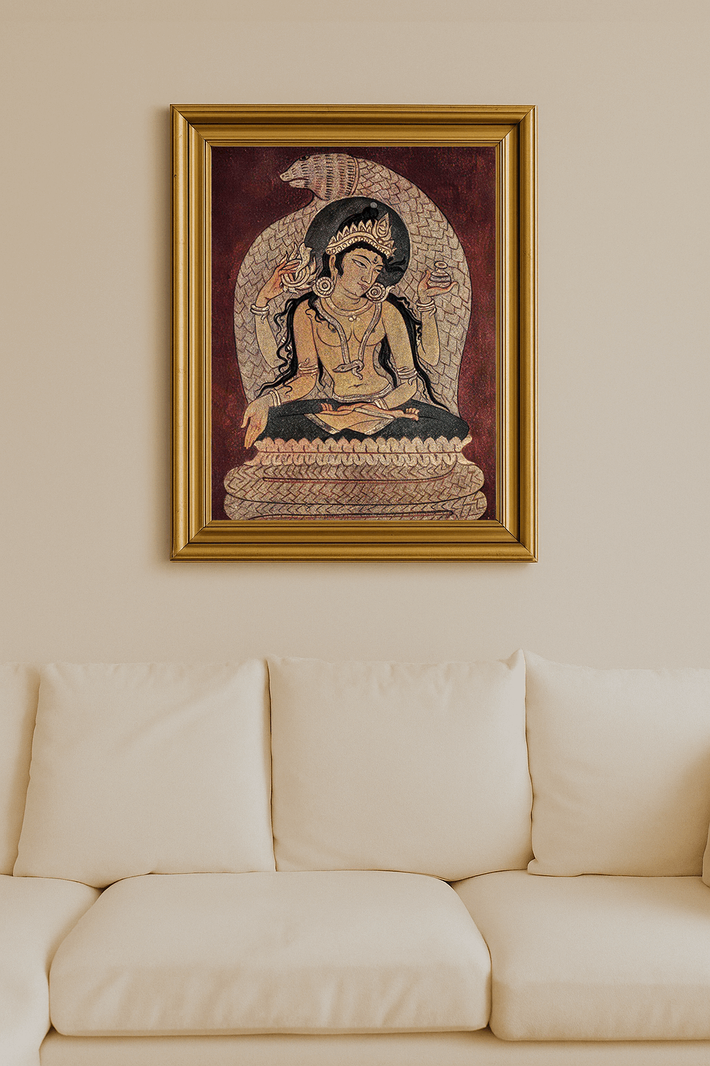 Painting of Manasa Devi with snakes and lotus, seated in a forest