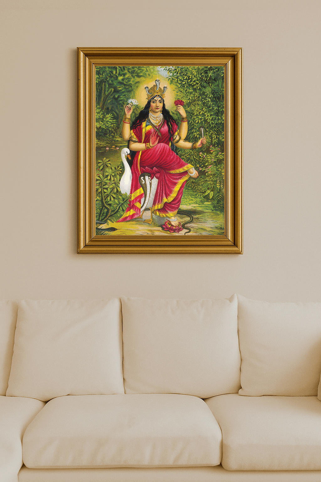 Illustration of Manasa Devi with cobra canopy, drawn in sacred traditional style