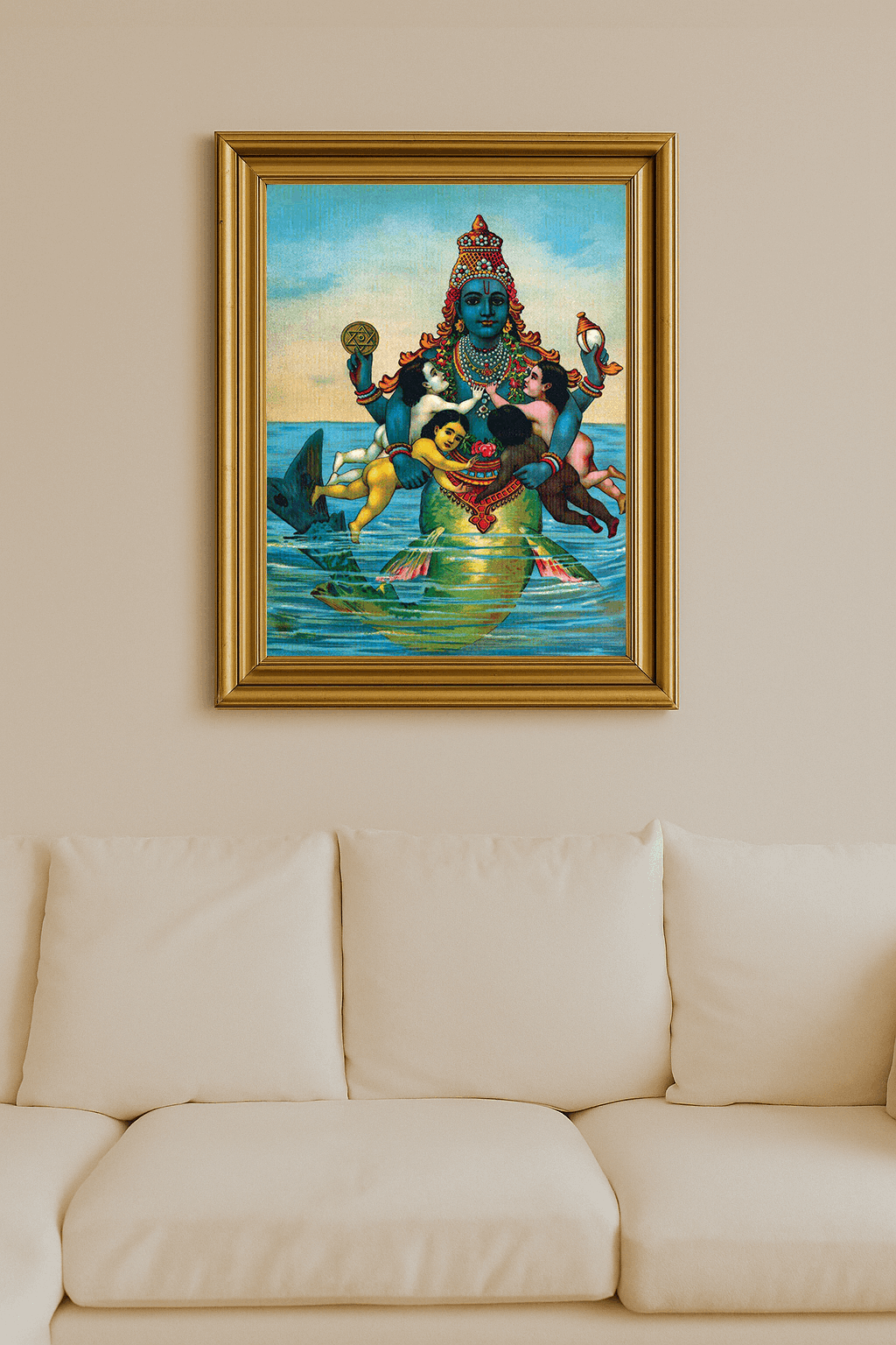 A blue-skinned deity with fish tail and four arms, holding sacred symbols and adorned in royal red and gold attire.