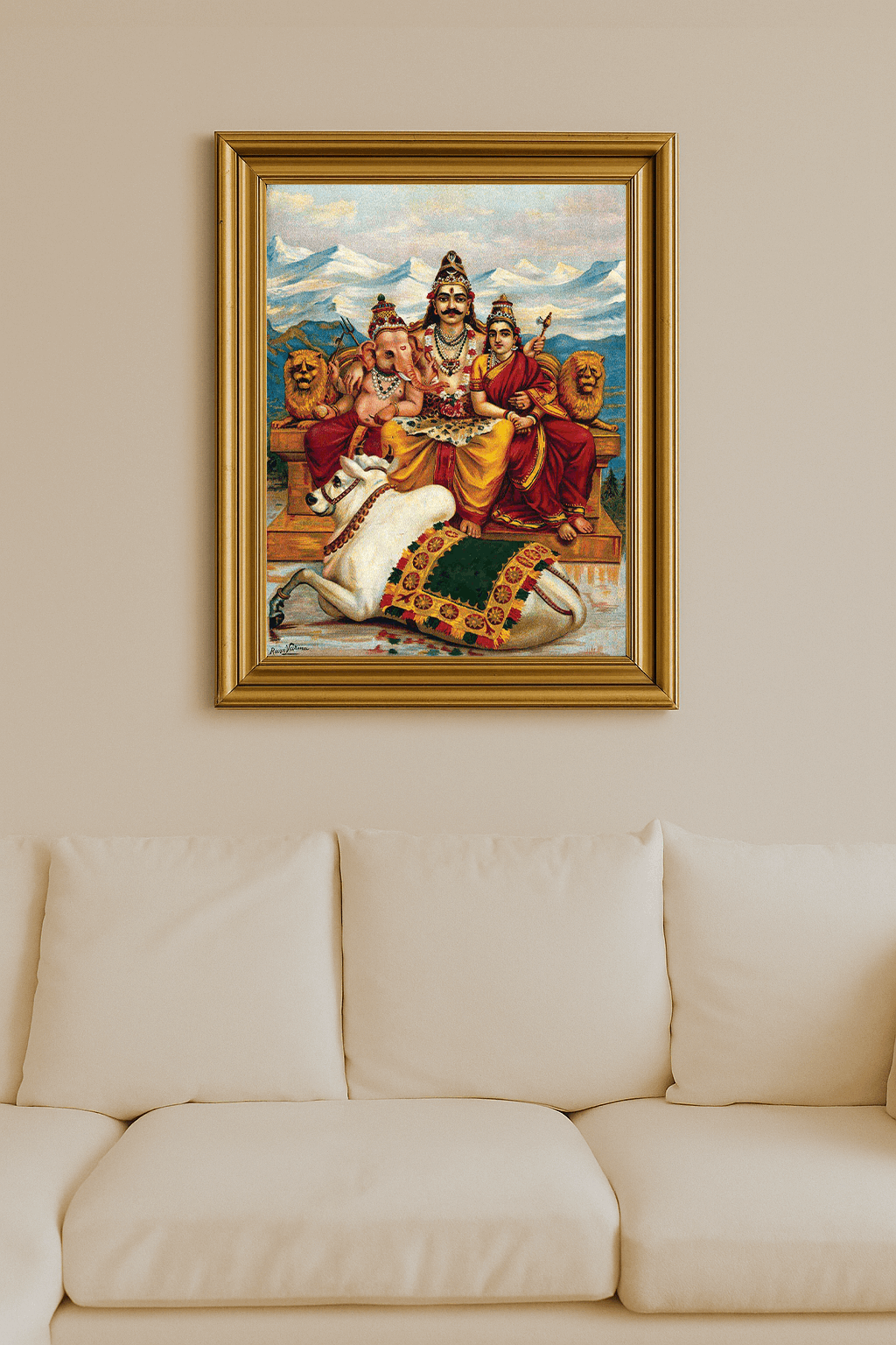 Three-bodied deities seated before snow-capped peaks, a bull at their feet.