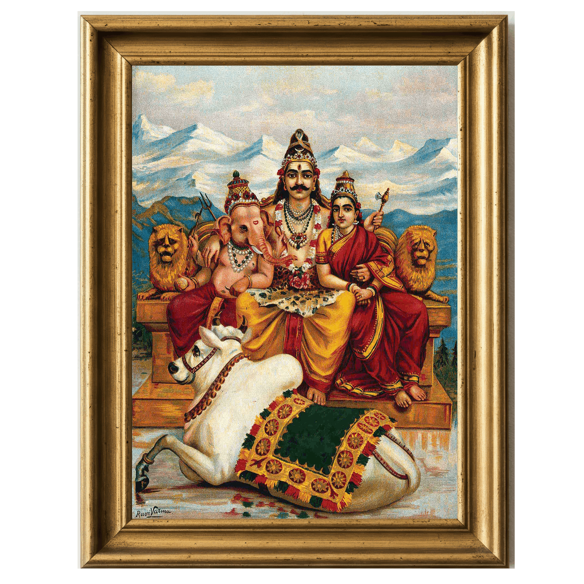 Three-bodied deities seated before snow-capped peaks, a bull at their feet.