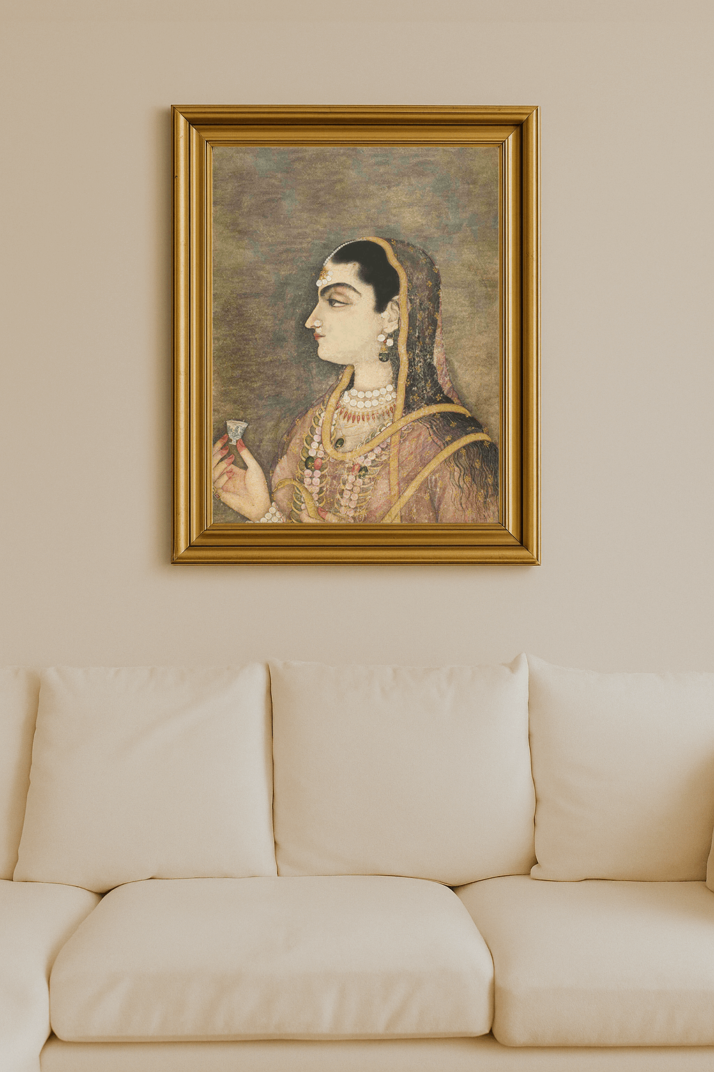 Profile of a Mughal princess holding a small cup, her gaze contemplative.