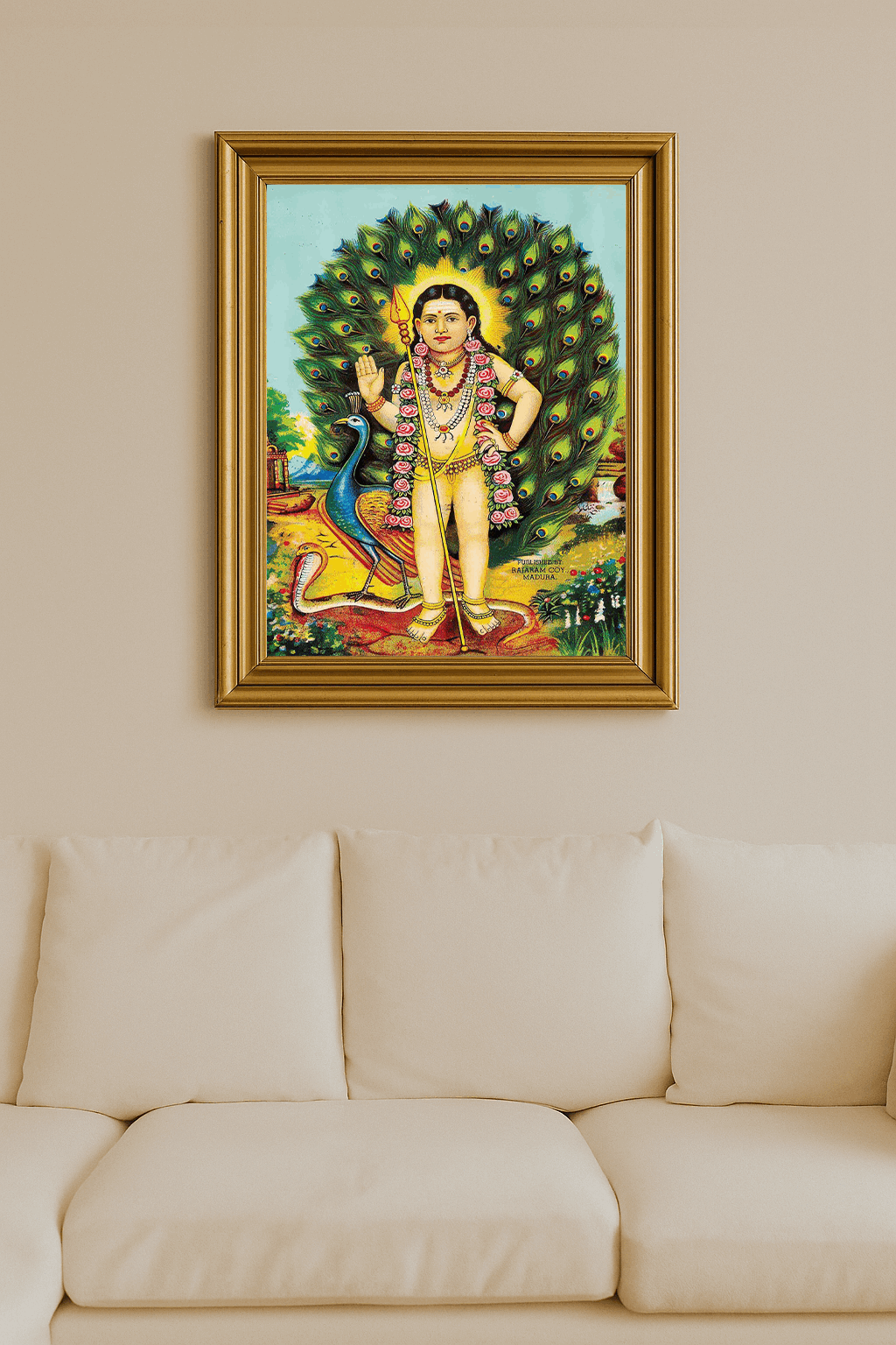 Chromolithograph of young Murugan, peacock fan and cobra at feet.