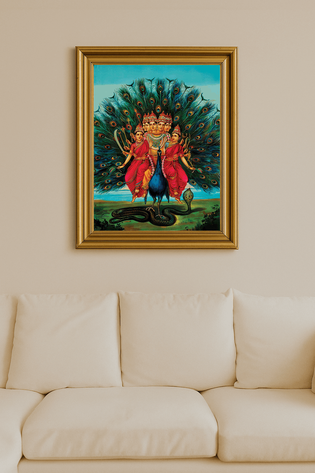 Child-like Murugan with spear and peacock feathers sparkling behind him.