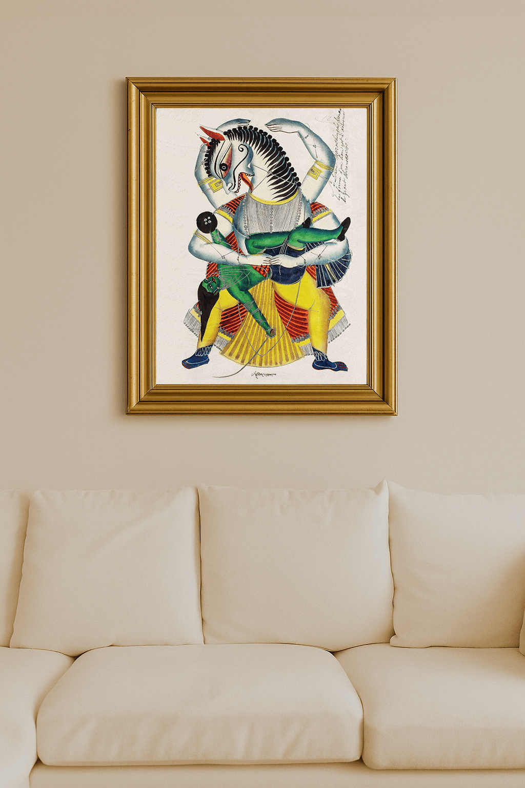 Lion-man form of Narasimha tearing at the demon Hiranyakashipu.