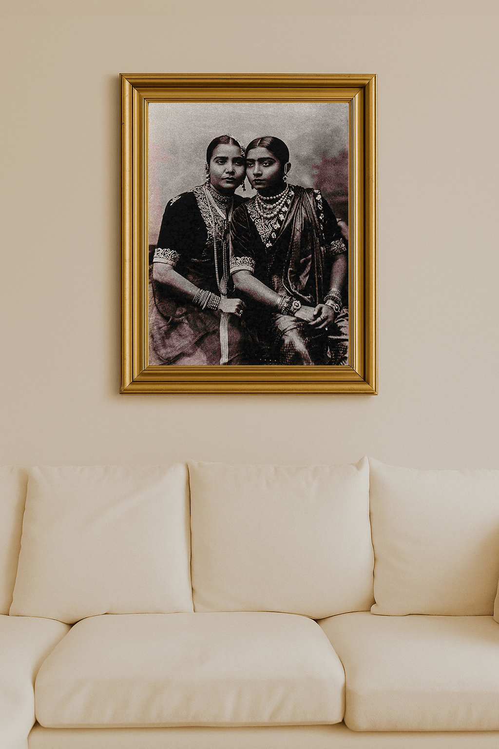 Sepia-toned photograph of two Nautch dancers in traditional embroidered garments and ornate jewelry, seated closely