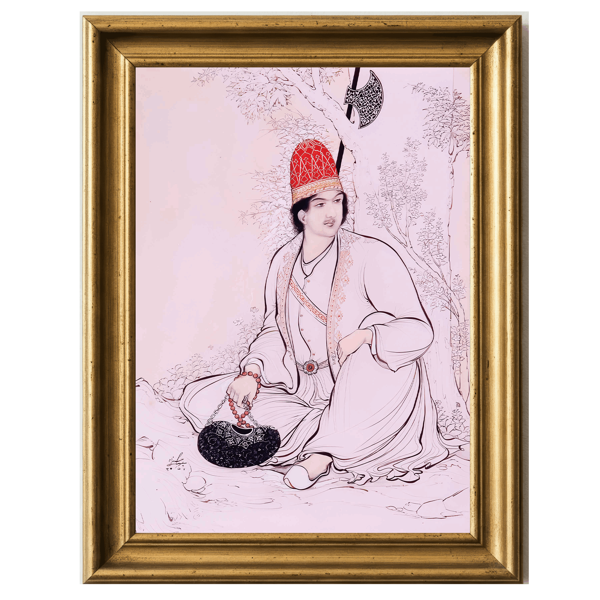 Watercolor portrait of Noor Ali Shah by Hosseon Behzad seated under a tree holding prayer beads.