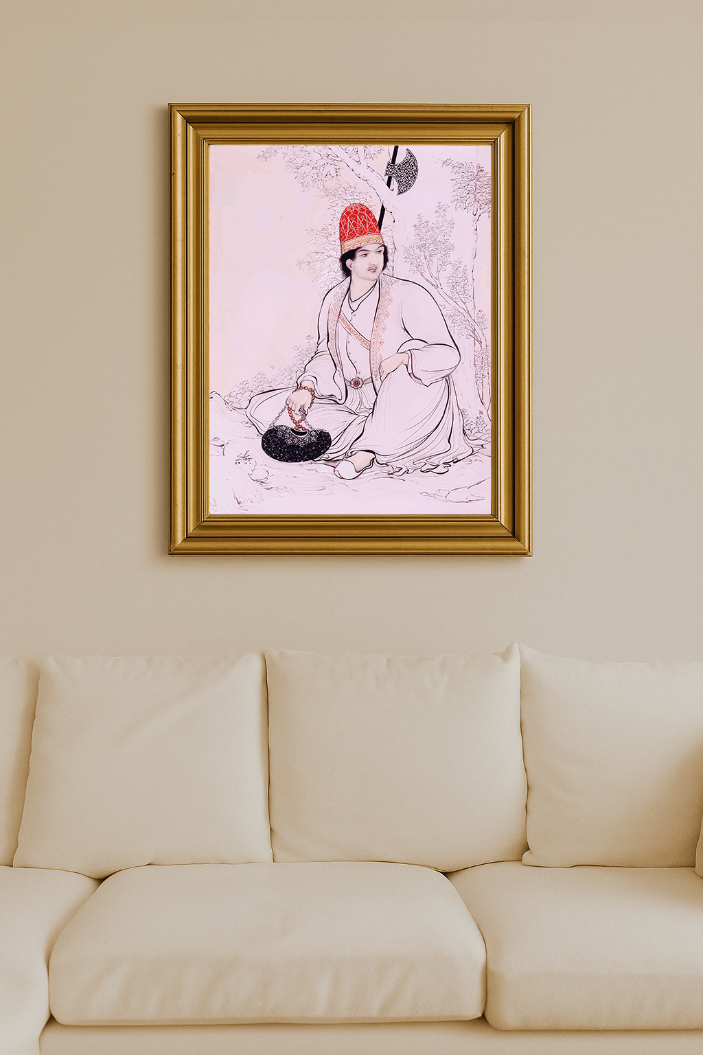 Watercolor portrait of Noor Ali Shah by Hosseon Behzad seated under a tree holding prayer beads.