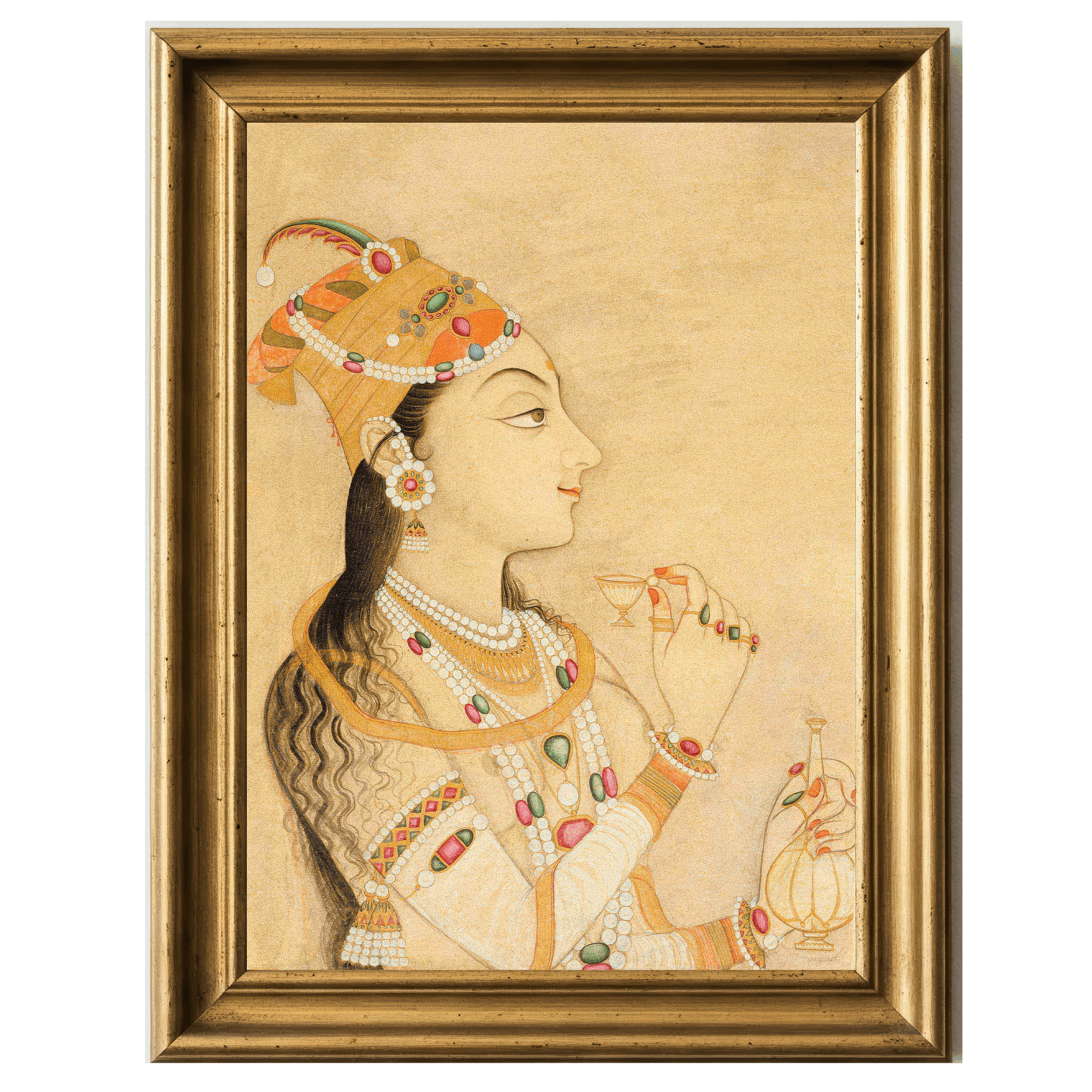 Mughal miniature profile of Empress Nur Jahan holding a small cup.