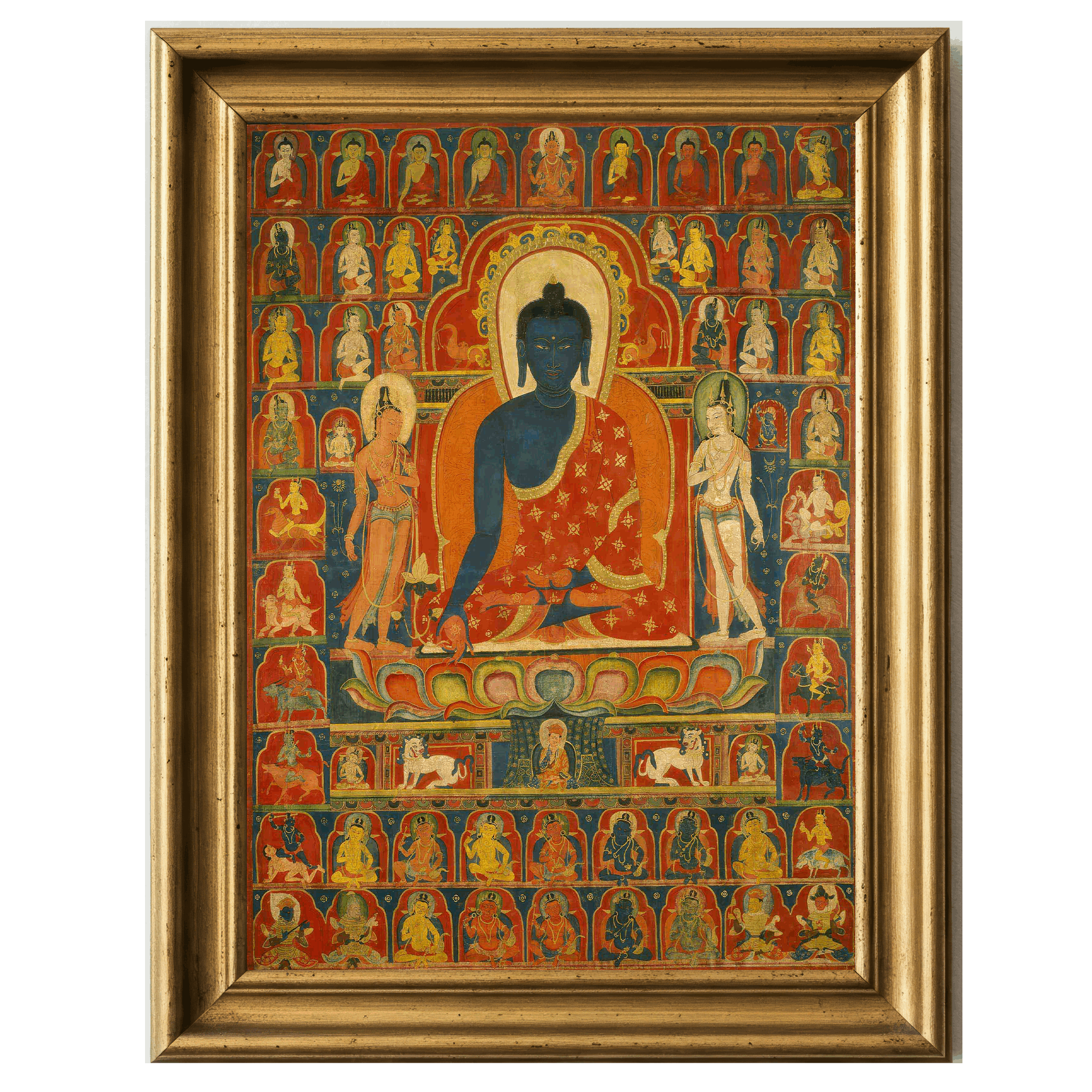 Tibetan thangka banner of the blue Medicine Buddha surrounded by multiple deities.