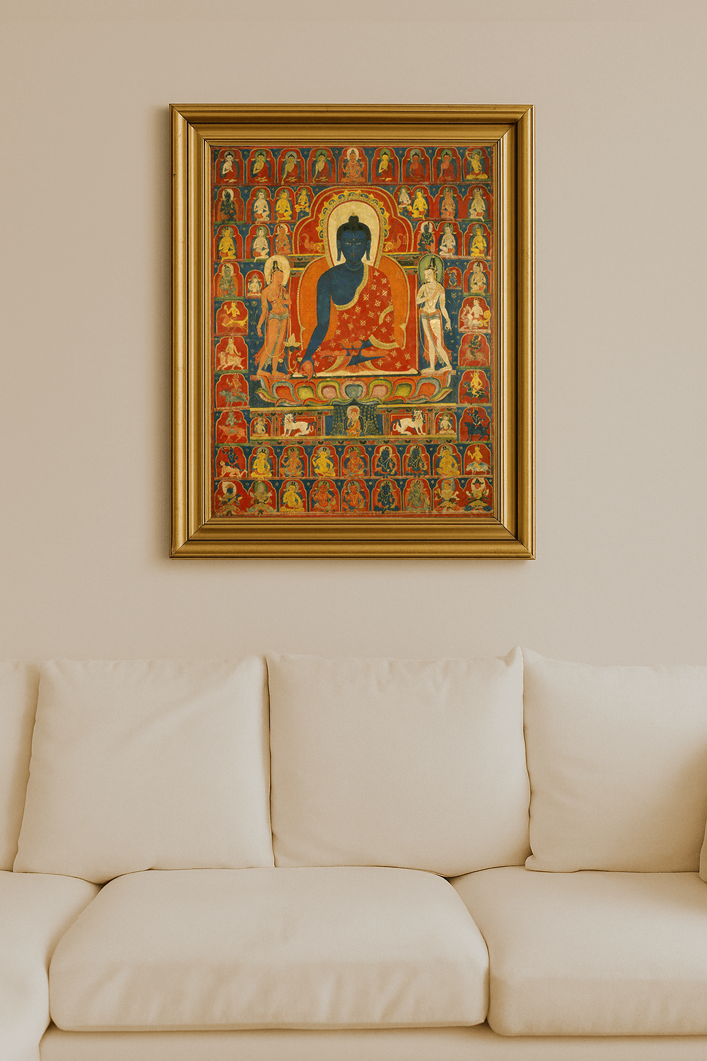 Tibetan thangka banner of the blue Medicine Buddha surrounded by multiple deities.