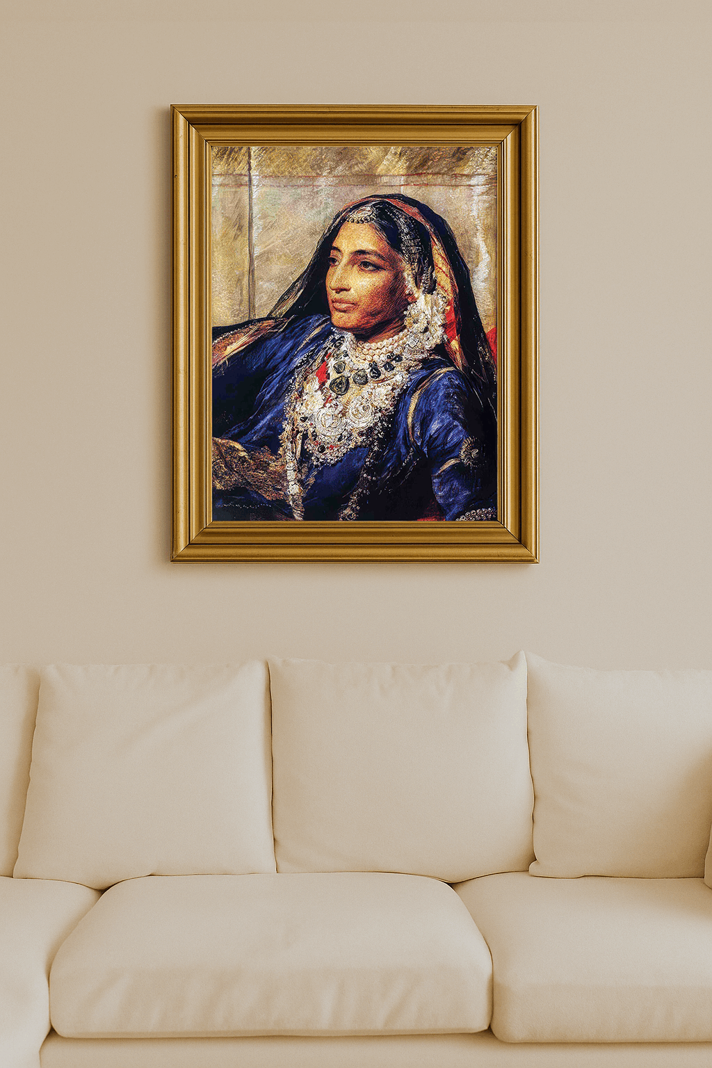 Watercolor portrait of Maharani Jind Kaur reclining in purple robes and jewels.