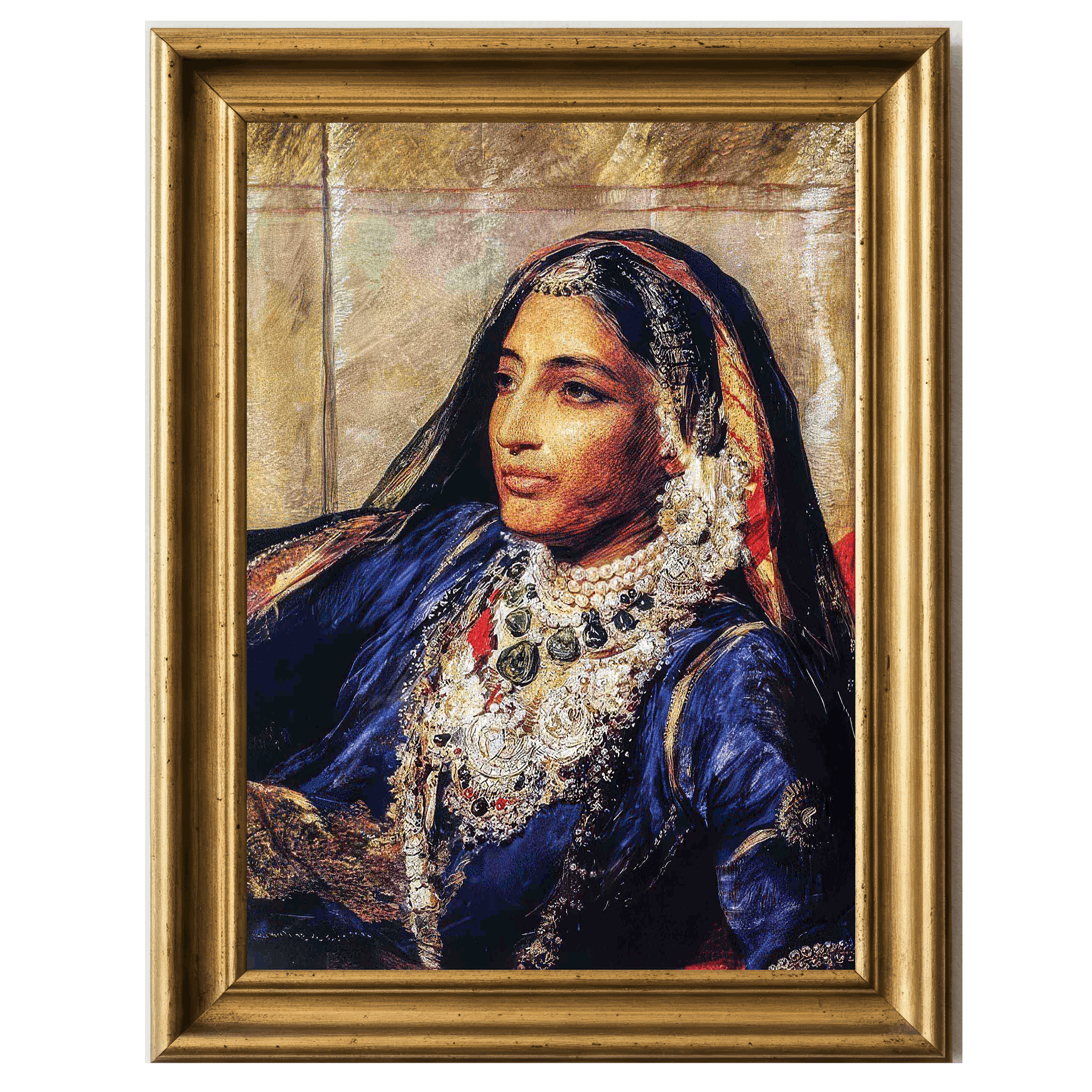 Watercolor portrait of Maharani Jind Kaur reclining in purple robes and jewels.