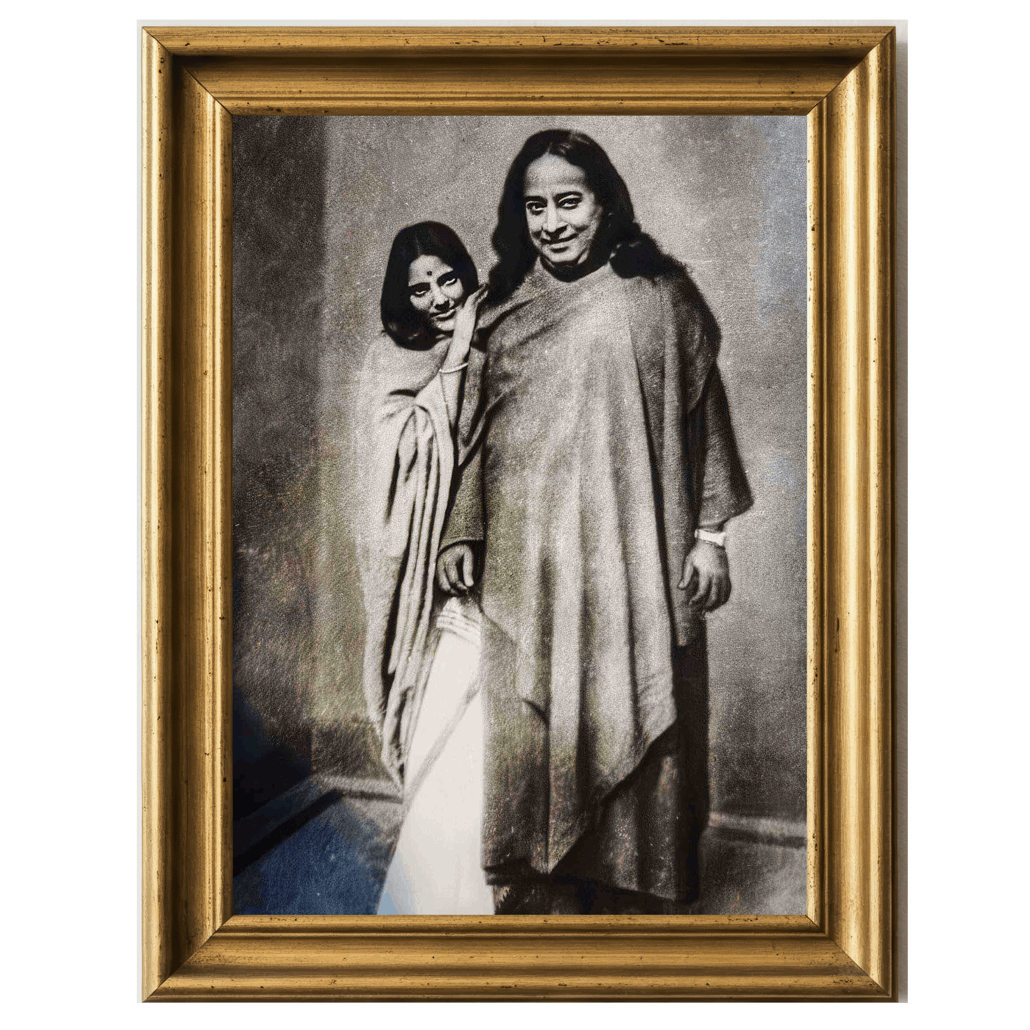 Black-and-white photo of Paramahansa Yogananda and Anandamayi Ma standing together.